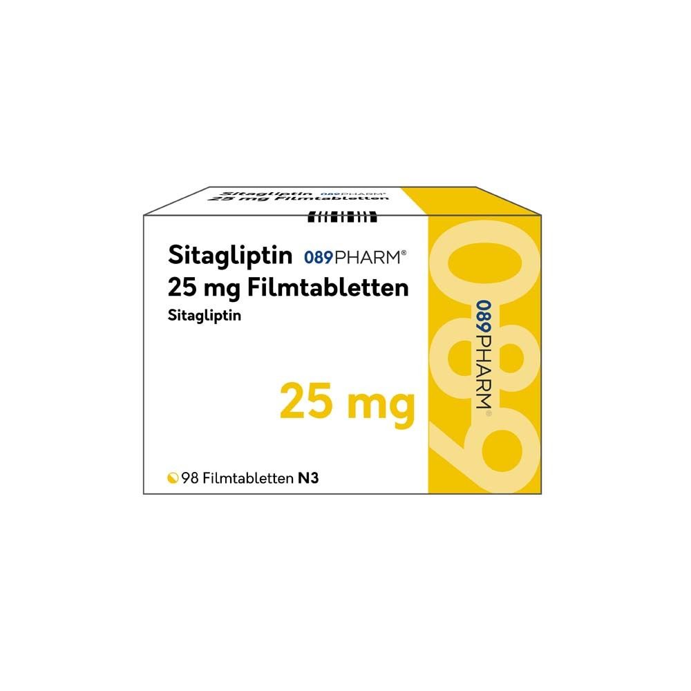 Schachtel mit SITAGLIPTIN 089Pharm 25 mg Filmtabletten. Aufschrift: 25 mg, 98 Filmtabletten N3. Gelber und weißer Hintergrund.