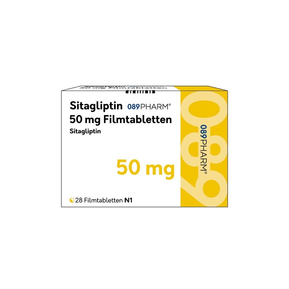 Packung mit Sitagliptin 50 mg Filmtabletten. Aufschrift: 089Pharm, 28 Filmtabletten N1.