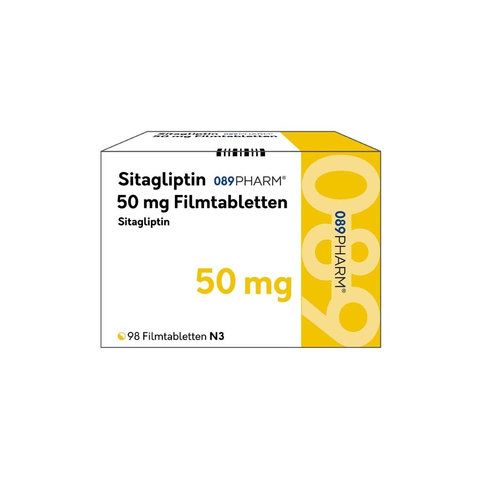Verpackung von Sitagliptin 089Pharm 50 mg Filmtabletten. Aufschrift: 50 mg, 98 Filmtabletten N3.