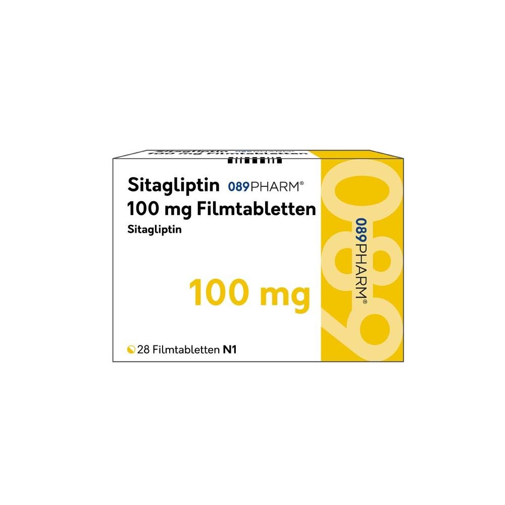 Schachtel mit SITAGLIPTIN 100 mg Filmtabletten. Aufschrift: 089Pharm, 100 mg, 28 Filmtabletten N1.
