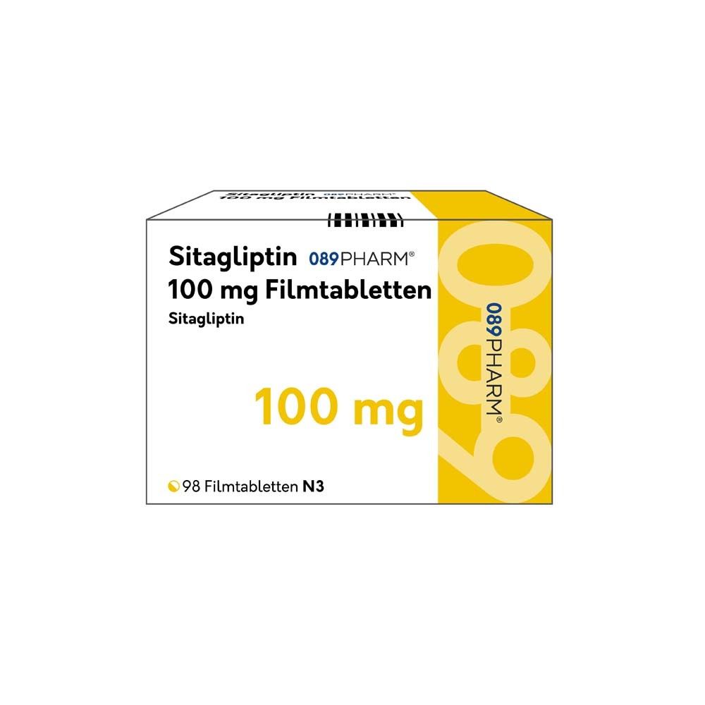 Schachtel mit SITAGLIPTIN 089Pharm 100 mg Filmtabletten. Weiße Schachtel mit gelben Akzenten. Aufschrift: 100 mg.