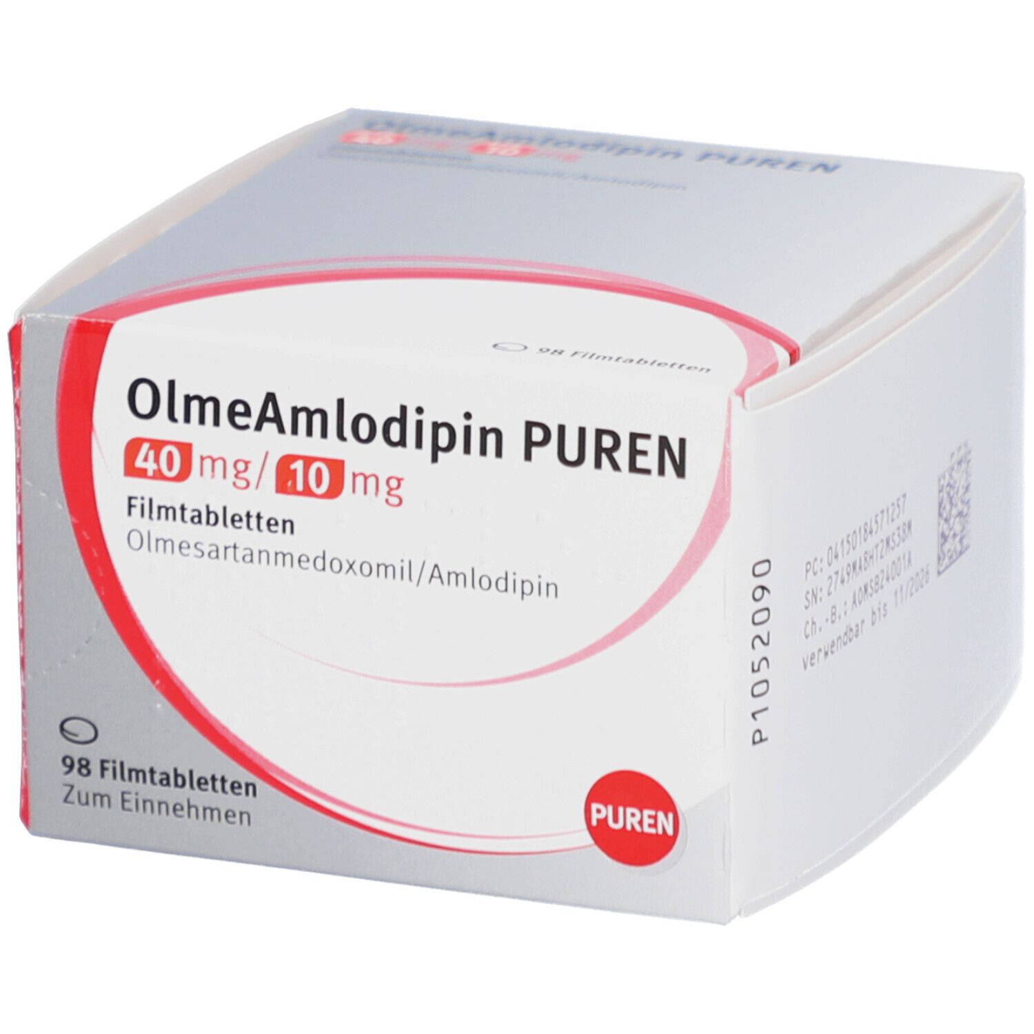 Schachtel mit OlmeAmlodipin PUREN Filmtabletten. Aufdruck: 40 mg/10 mg, Olmesartanmedoxomil/Amlodipin. 98 Filmtabletten.
