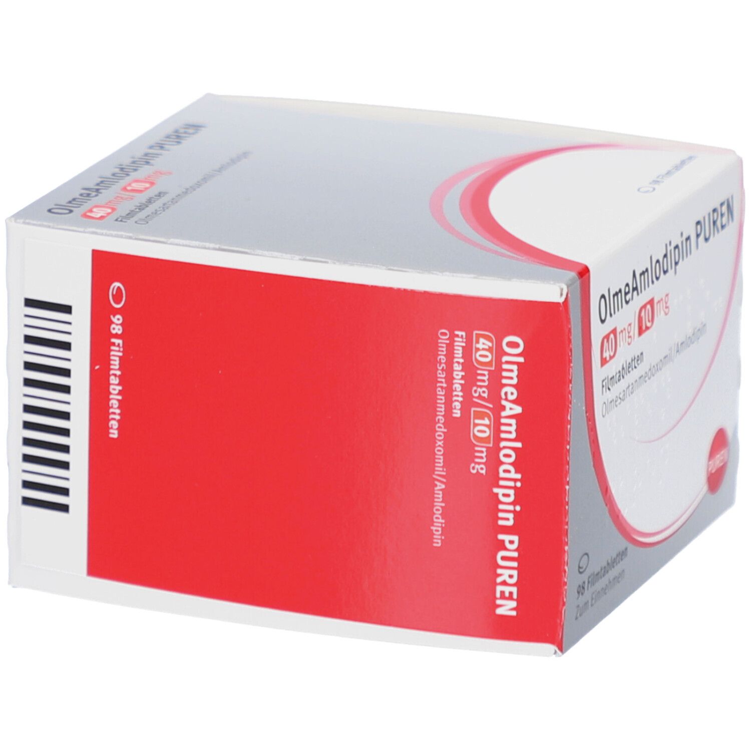 Schachtel mit OlmeAmlodipin PUREN Filmtabletten. Aufdruck: 40 mg/10 mg, Olmesartanmedoxomil/Amlodipin. 98 Filmtabletten.