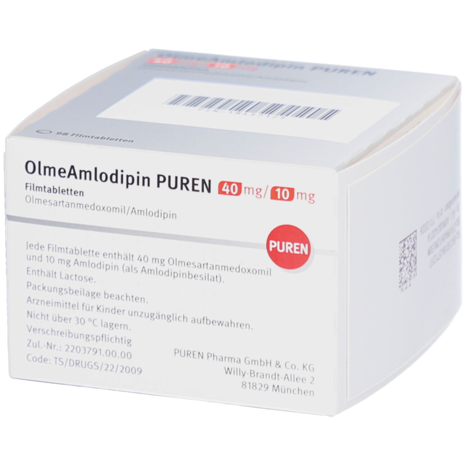 Schachtel mit OlmeAmlodipin PUREN Filmtabletten. Aufdruck: 40 mg/10 mg, Olmesartanmedoxomil/Amlodipin. Weitere Informationen.