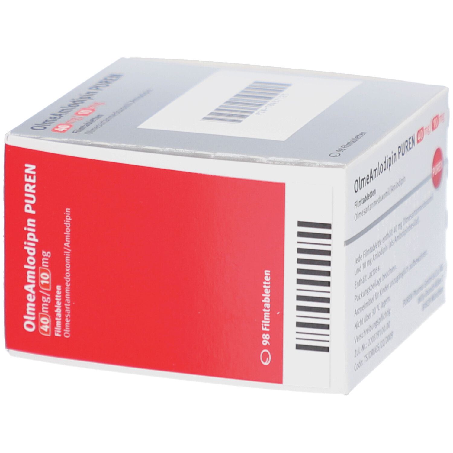 Schachtel mit OlmeAmlodipin PUREN Filmtabletten. Aufdruck: 40 mg/10 mg, Olmesartanmedoxomil/Amlodipin. 98 Filmtabletten.