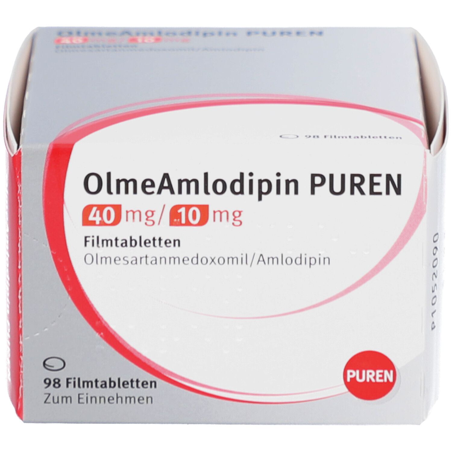 Schachtel mit OlmeAmlodipin PUREN Filmtabletten. Aufdruck: 40 mg/10 mg, Olmesartanmedoxomil/Amlodipin. 98 Filmtabletten.