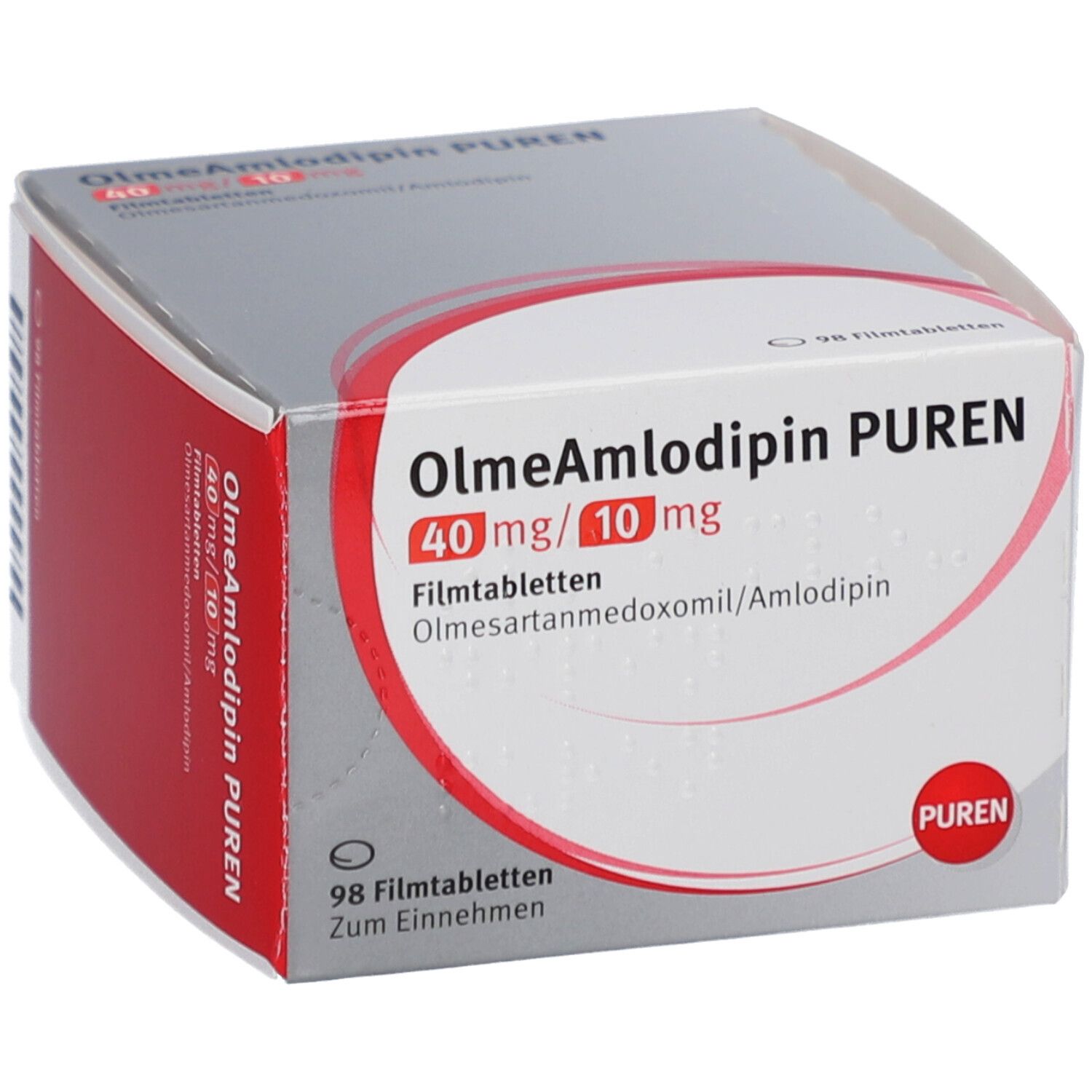 Schachtel mit OlmeAmlodipin PUREN Filmtabletten. Aufdruck: 40 mg/10 mg, Olmesartanmedoxomil/Amlodipin. 98 Filmtabletten.