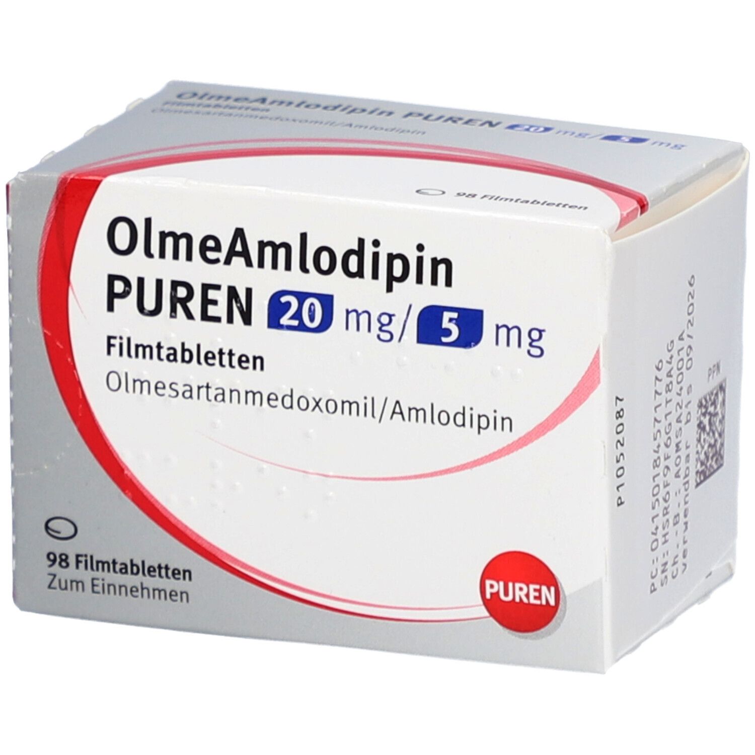 Schachtel mit OlmeAmlodipin PUREN 20 mg/5 mg Filmtabletten. Aufschrift: 98 Filmtabletten. PUREN Logo.