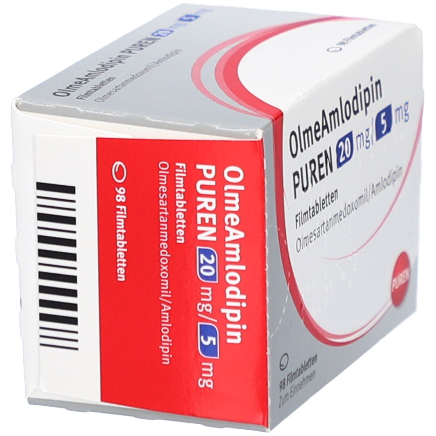 Schachtel mit OlmeAmlodipin PUREN 20 mg/5 mg Filmtabletten. Rote Seite mit Text. 98 Filmtabletten. PUREN Logo.