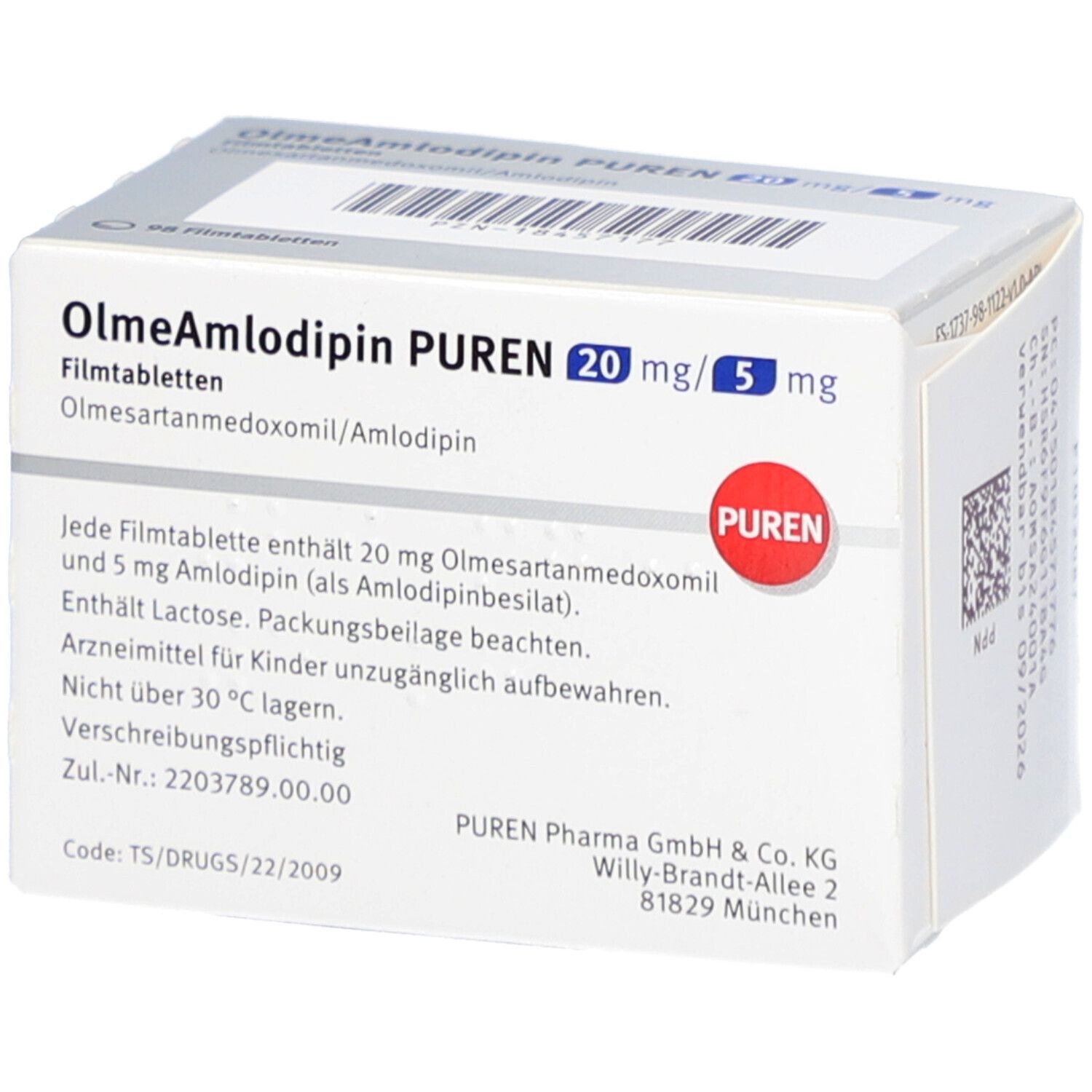 Schachtel mit OlmeAmlodipin PUREN 20 mg/5 mg Filmtabletten. Text auf der Verpackung. PUREN Logo. 98 Filmtabletten.