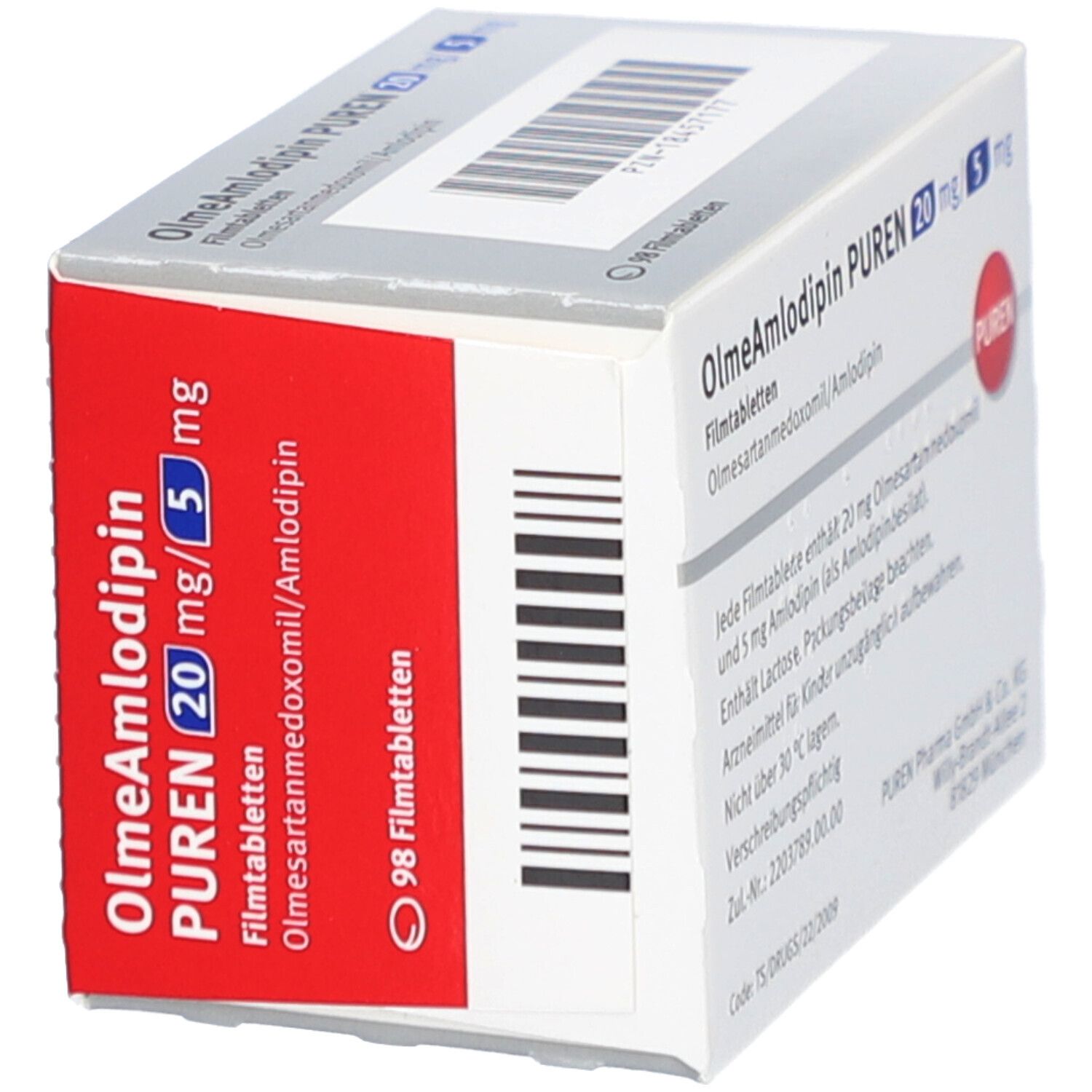 Schachtel mit OlmeAmlodipin PUREN 20 mg/5 mg Filmtabletten. Rote Seite mit Text. 98 Filmtabletten. Barcode.