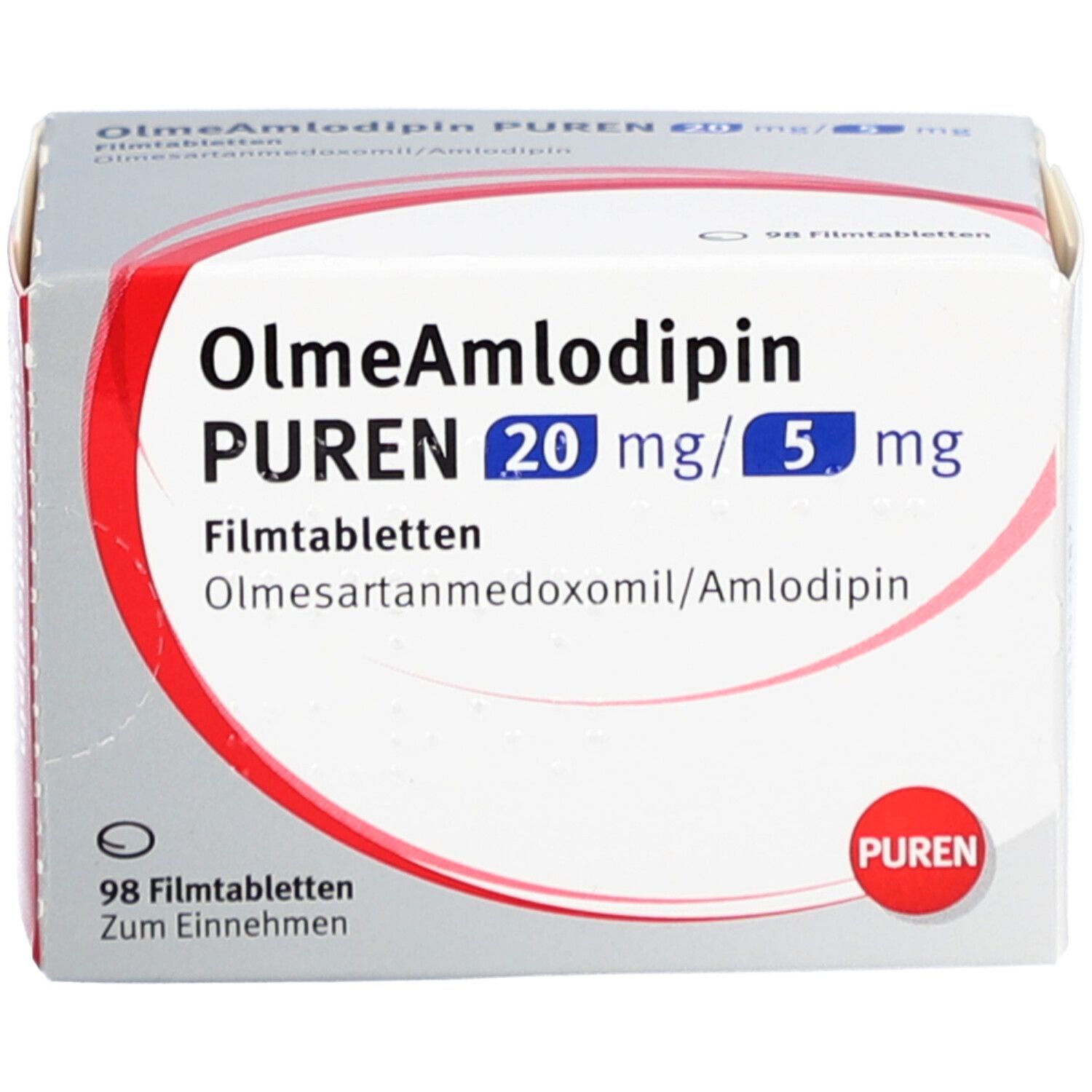 Schachtel mit OlmeAmlodipin PUREN 20 mg/5 mg Filmtabletten. Aufschrift: 98 Filmtabletten. PUREN Logo.