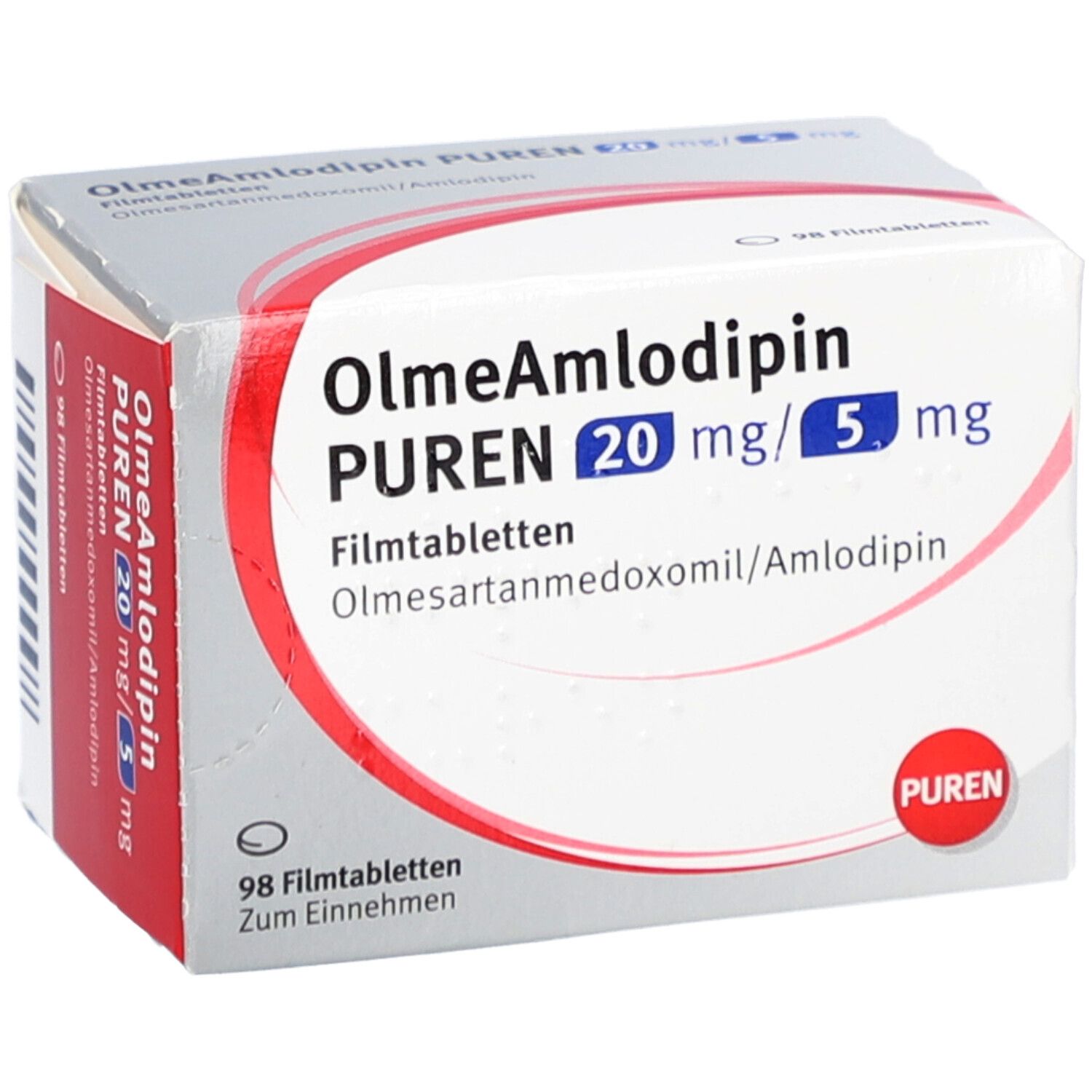 Schachtel mit OlmeAmlodipin PUREN 20 mg/5 mg Filmtabletten. Aufschrift: 98 Filmtabletten. PUREN Logo.