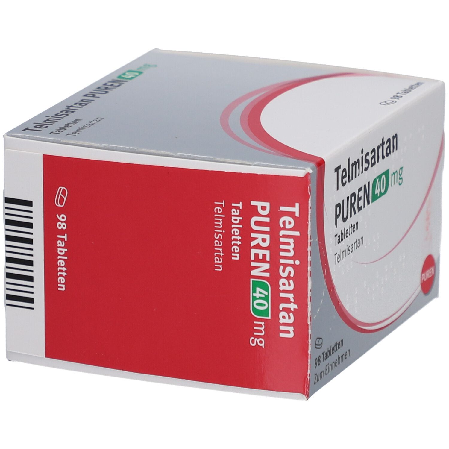 Schachtel mit Telmisartan PUREN 40 mg Tabletten. Aufschrift: 98 Tabletten, Zum Einnehmen. PUREN Logo.