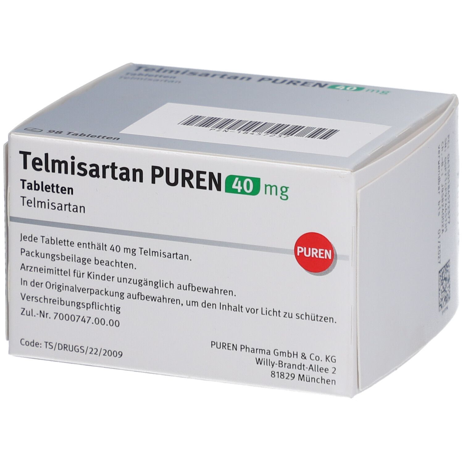 Schachtel mit Telmisartan PUREN 40 mg Tabletten. Aufschrift: 98 Tabletten, Zum Einnehmen. PUREN Logo.
