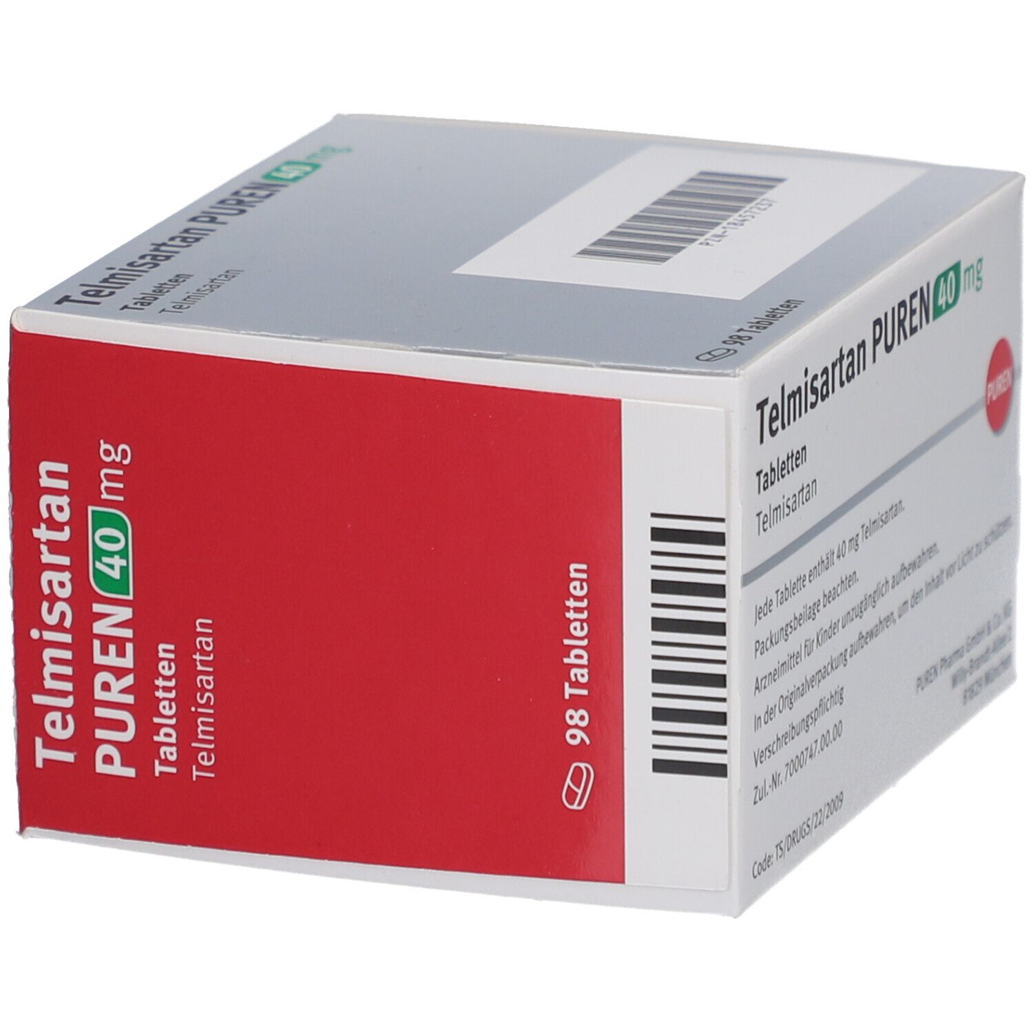 Schachtel mit Telmisartan PUREN 40 mg Tabletten. Aufschrift: 98 Tabletten, Zum Einnehmen. PUREN Logo.
