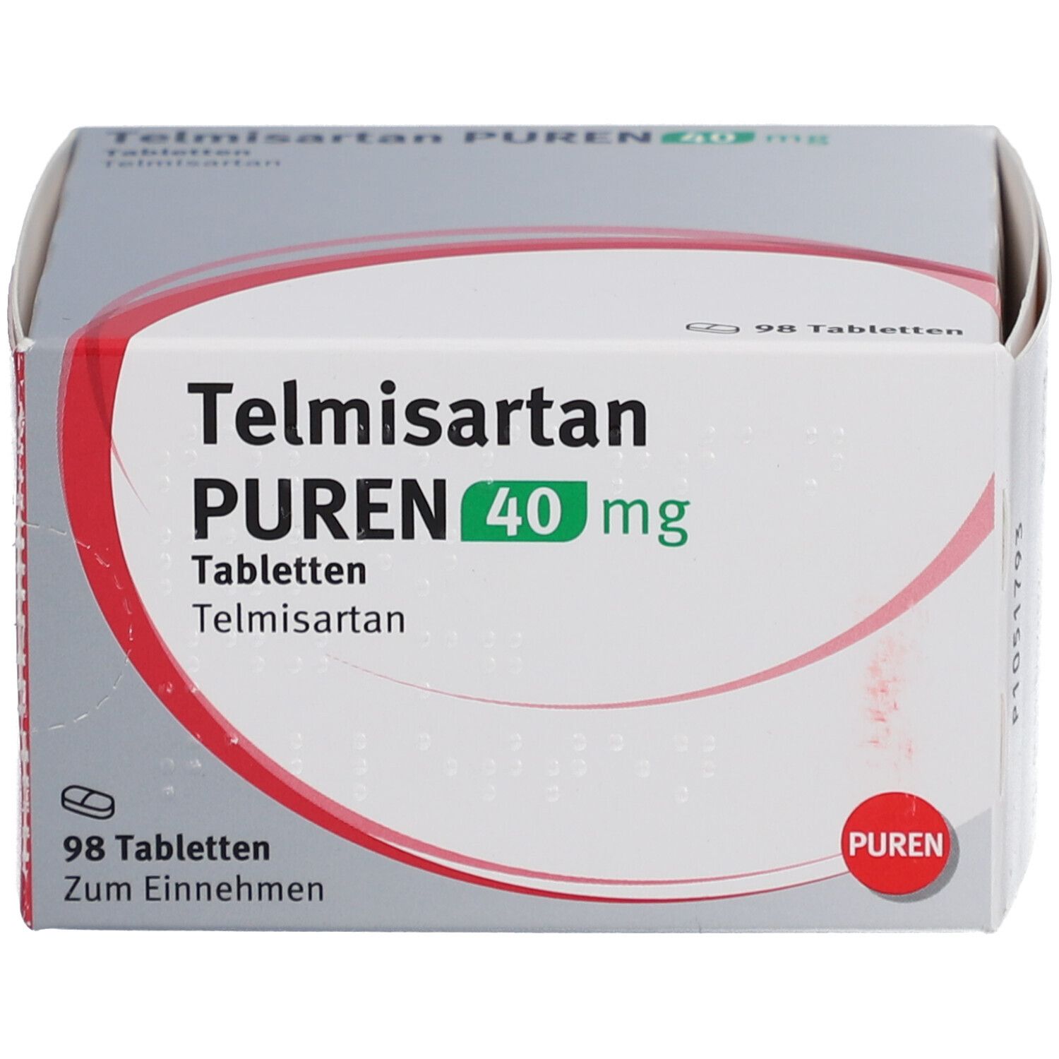 Schachtel mit Telmisartan PUREN 40 mg Tabletten. Aufschrift: 98 Tabletten, Zum Einnehmen. PUREN Logo.