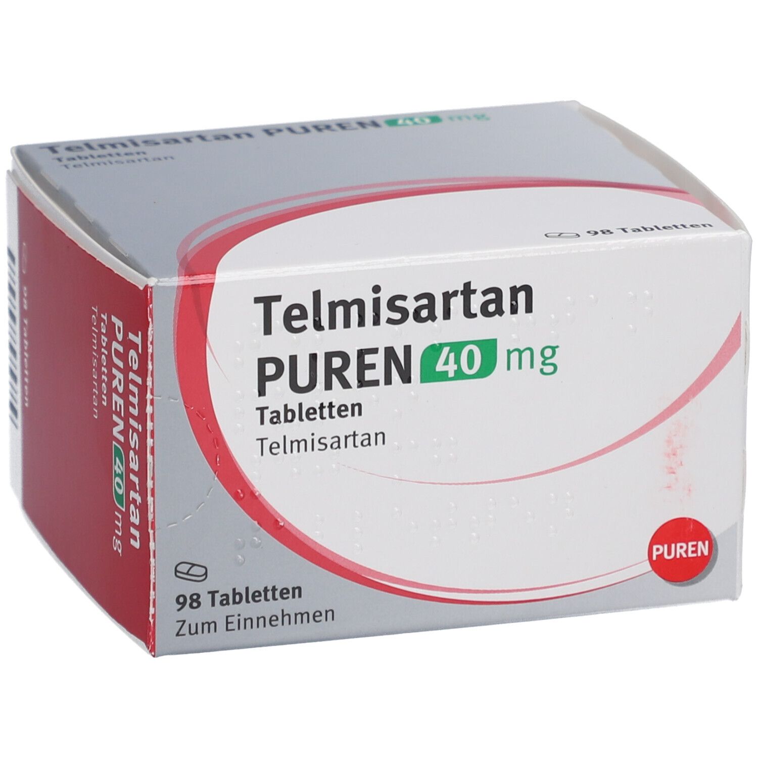 Schachtel mit Telmisartan PUREN 40 mg Tabletten. Aufschrift: 98 Tabletten, Zum Einnehmen. PUREN Logo.