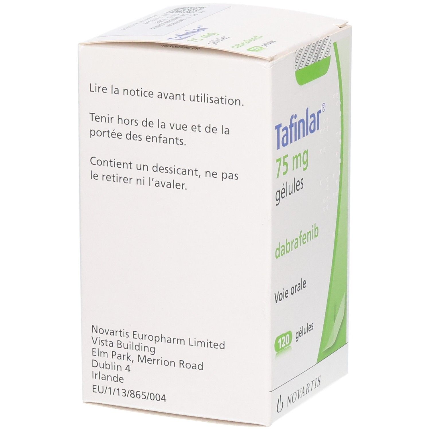 Packung Tafinlar 75 mg Gelules mit Dabrafenib von Novartis.