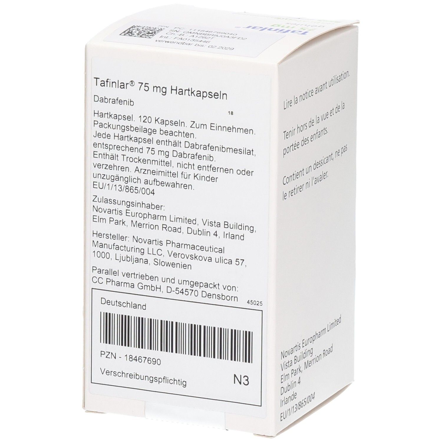 Tafinlar 75 mg Hartkapseln, Dabrafenib, 120 Kapseln.