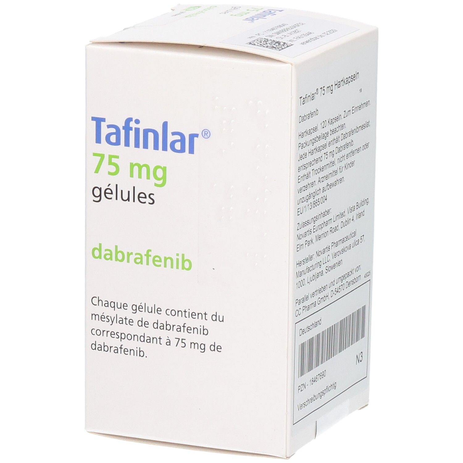 Tafinar 75 mg Gélules, Dabrafenib. Medikament zur oralen Einnahme in Kapselform.