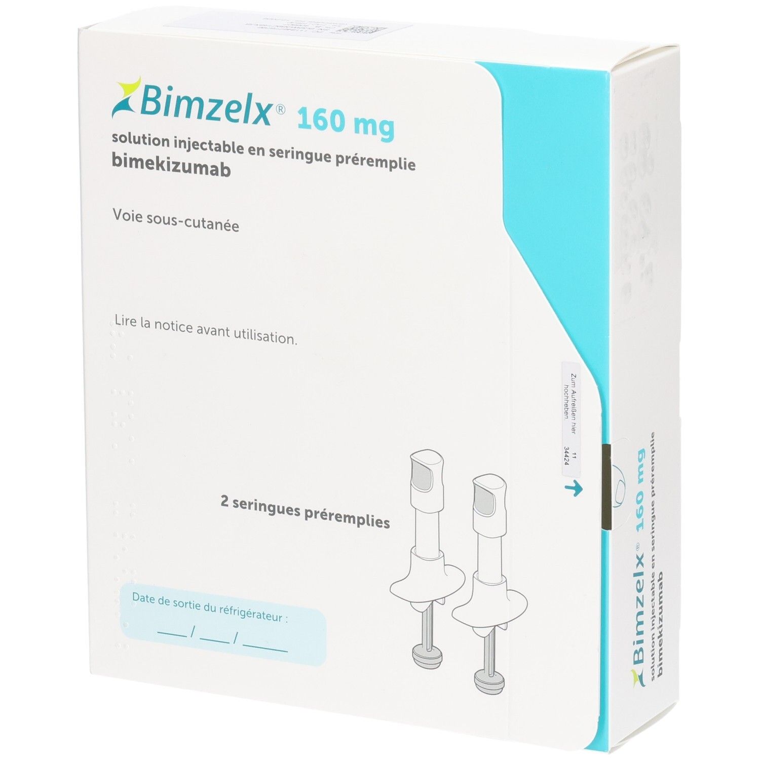Schachtel mit BIMZELX 160 mg Injektionslösung. Zwei Fertigspritzen sind abgebildet. Text in Französisch.
