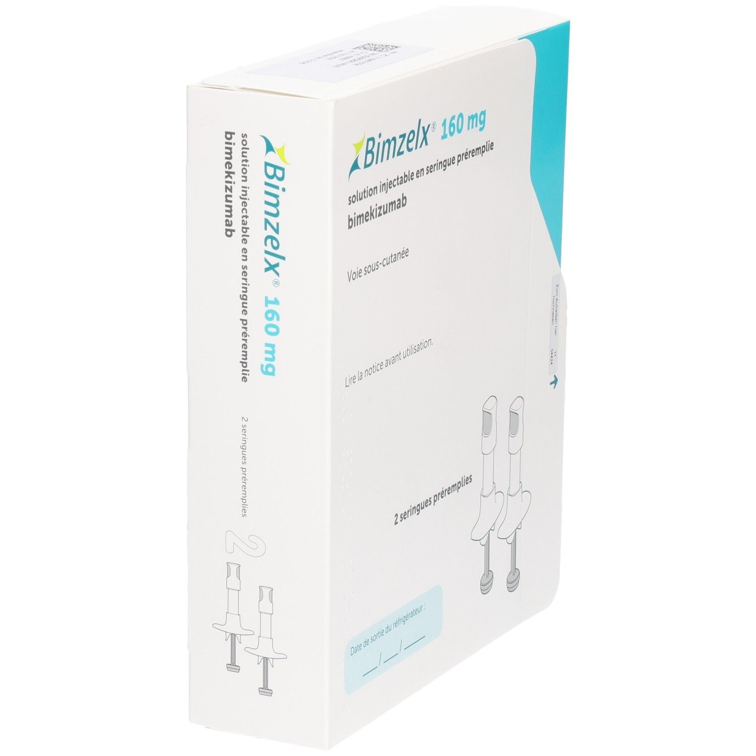 Schachtel mit BIMZELX 160 mg. Text in Französisch und Englisch. Zwei Fertigspritzen sind abgebildet.