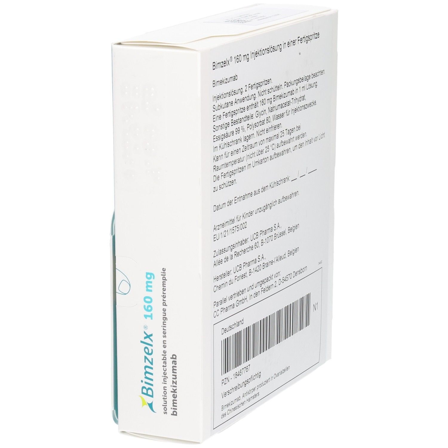 Rückseite der Schachtel mit BIMZELX 160 mg Injektionslösung. Text in Deutsch. Barcode und weitere Informationen.