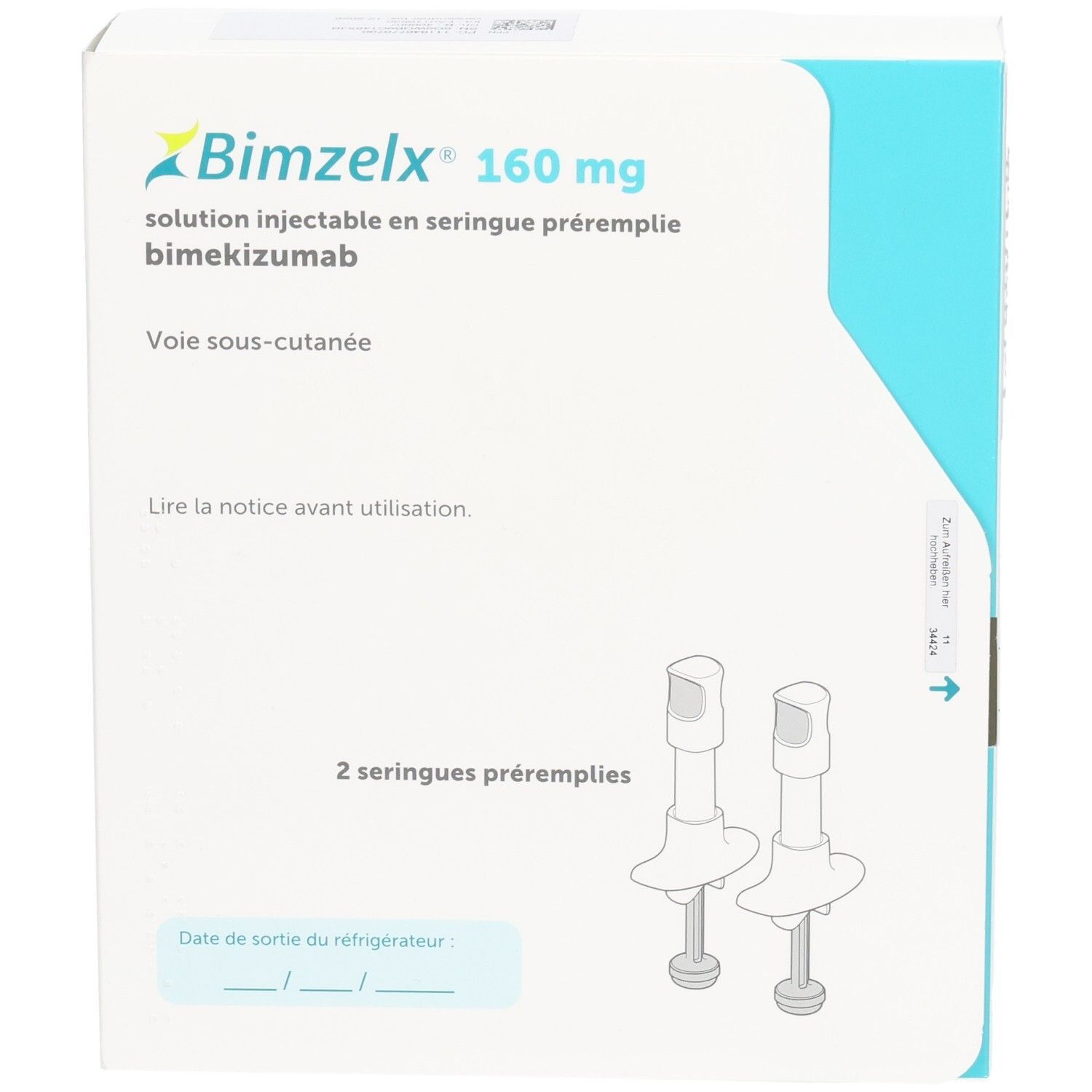 Schachtel mit BIMZELX 160 mg Injektionslösung. Zwei Fertigspritzen sind abgebildet. Text in Französisch.