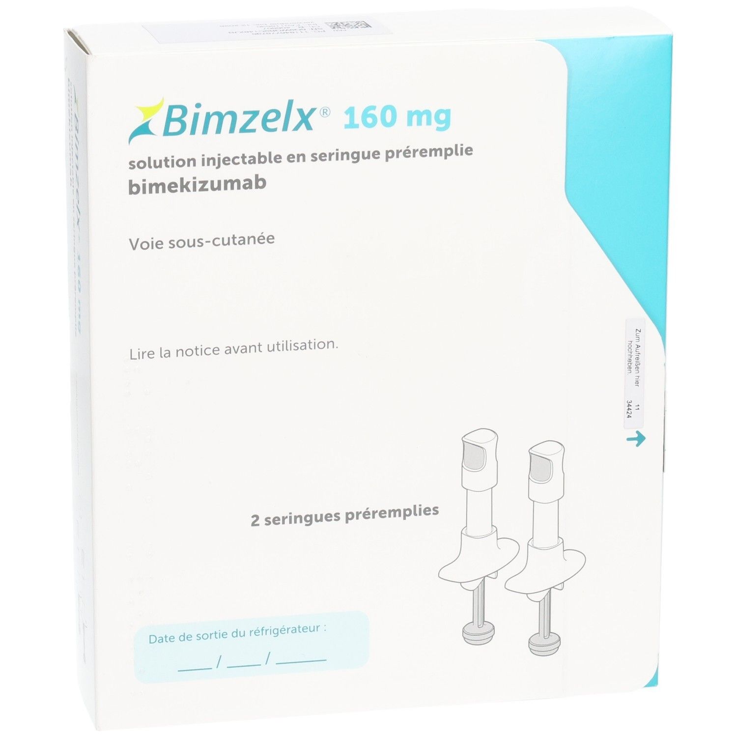 Schachtel mit BIMZELX 160 mg Injektionslösung. Zwei Fertigspritzen sind abgebildet. Text in Französisch.