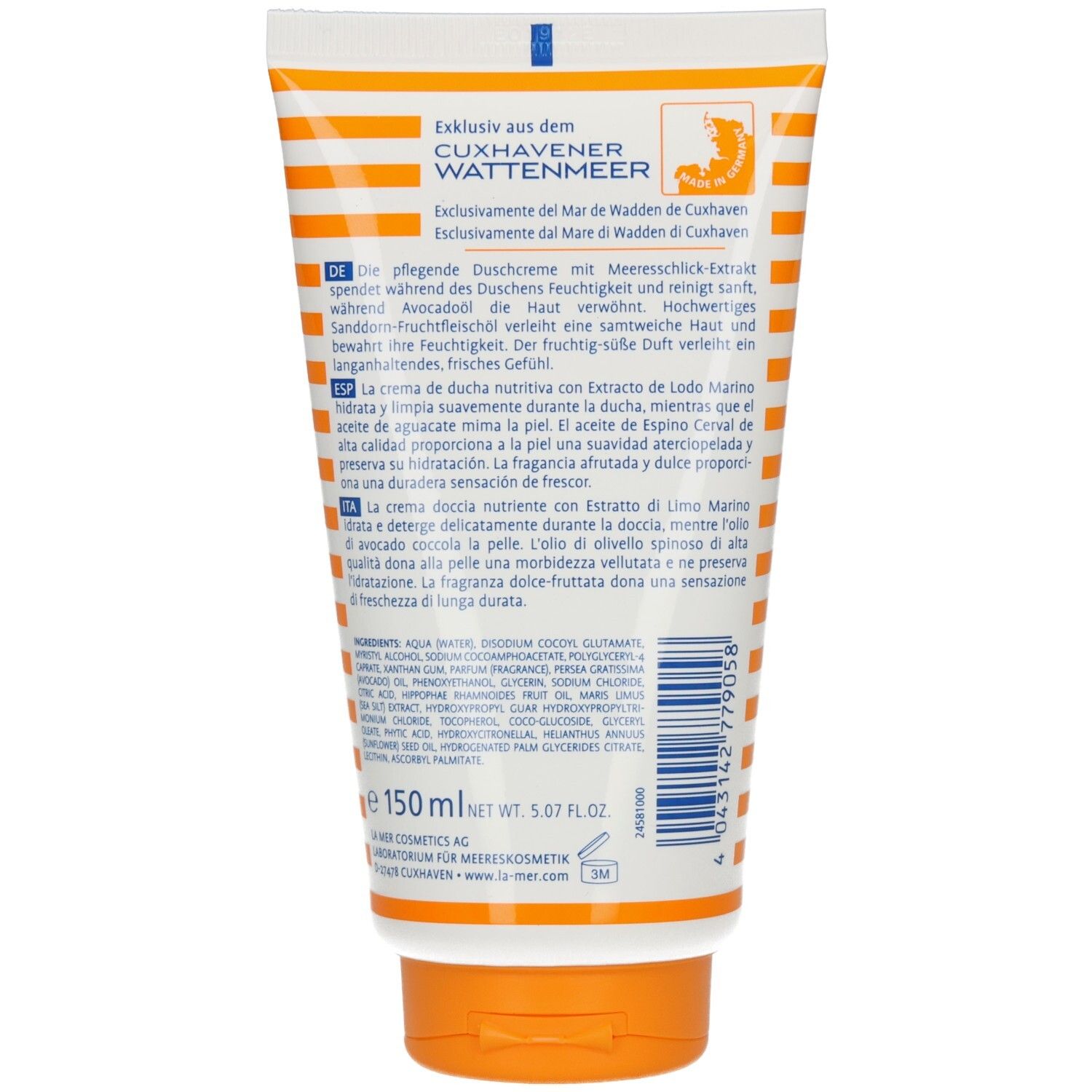 Rückseite einer La mer Duschcreme-Tube mit Produktinformationen und Inhaltsstoffen.