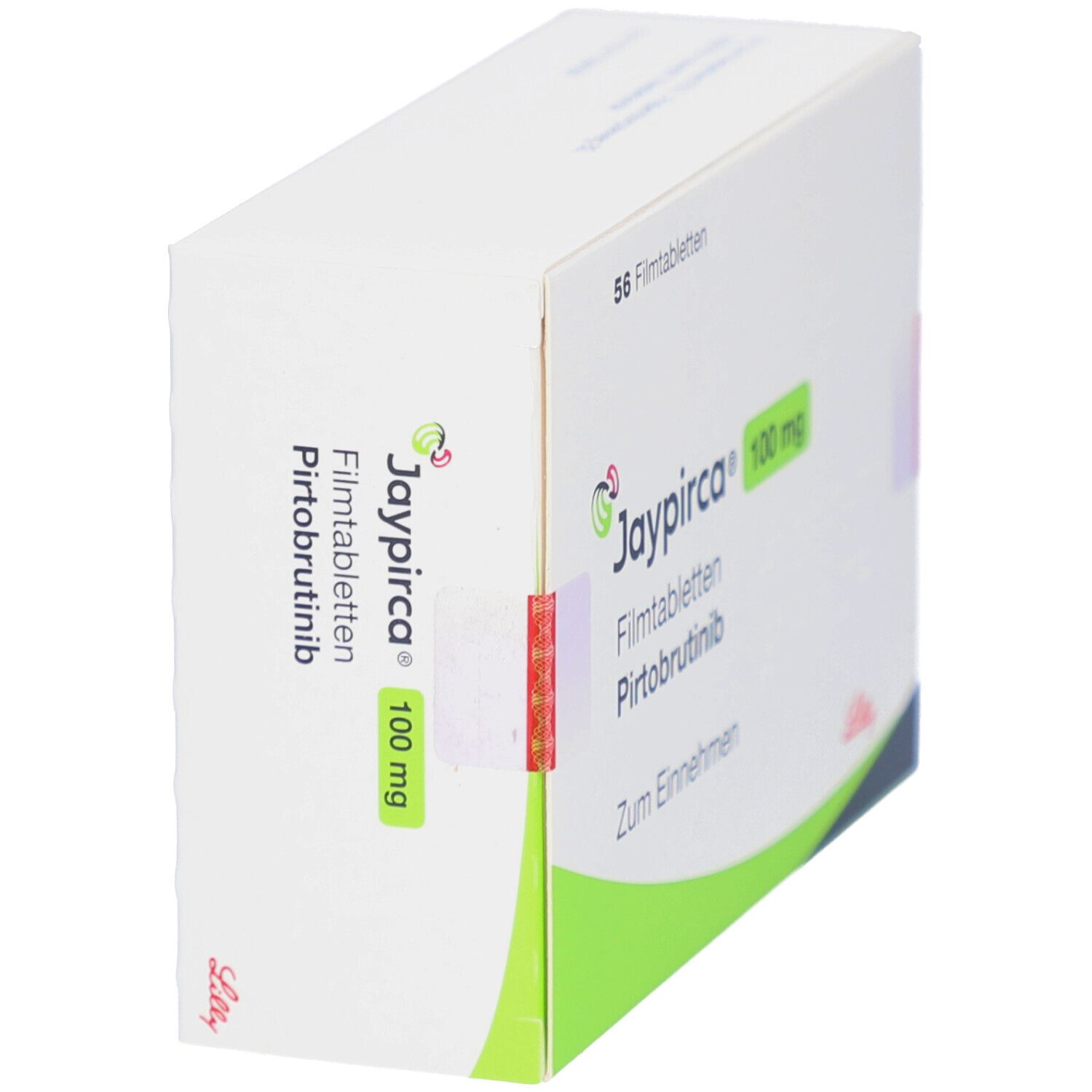 Schachtel JAYPIRCA 100 mg Filmtabletten. Verpackung schräg. Produktname und Dosierung deutlich sichtbar. 56 Filmtabletten.