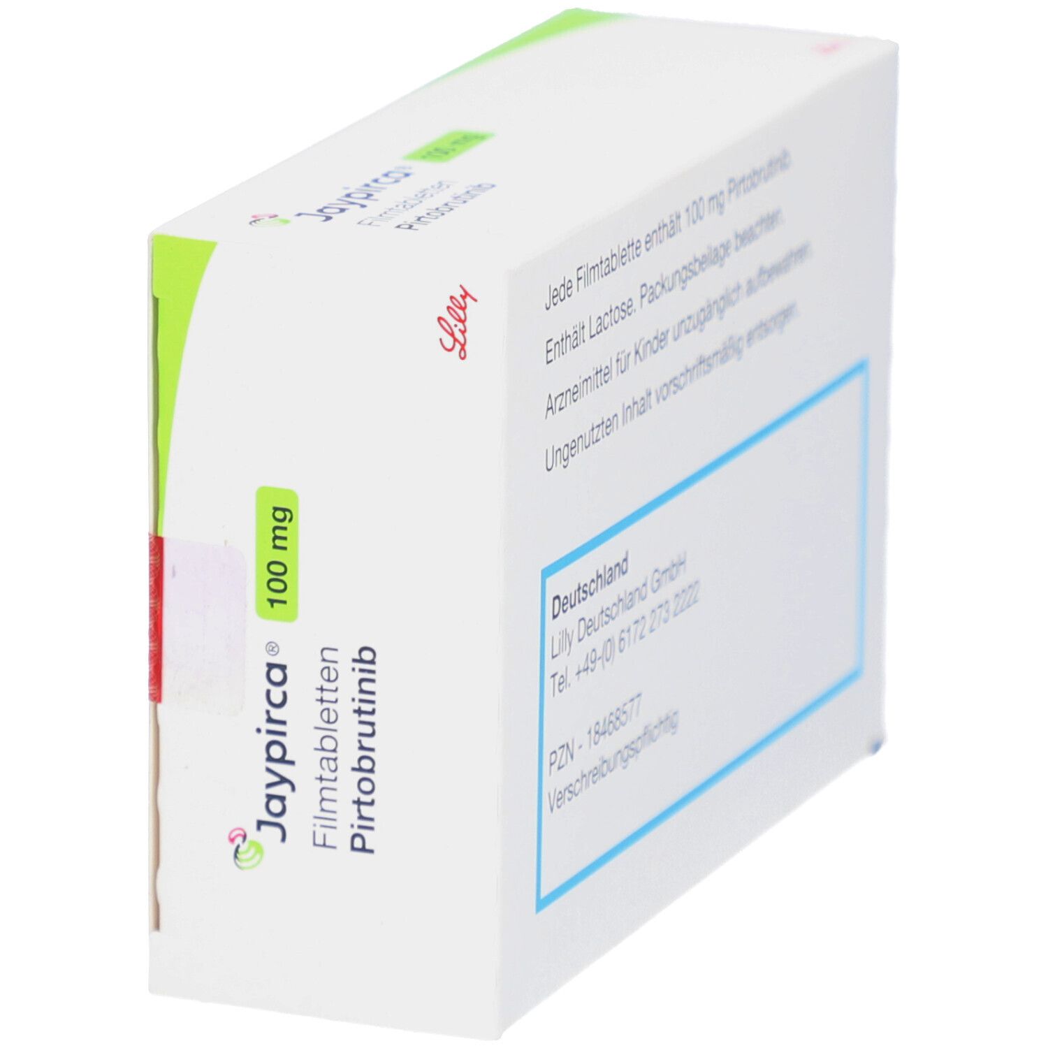 Schachtel JAYPIRCA 100 mg Filmtabletten. Rückseite mit Informationen. Produktname und Dosierung. Herstellerinformationen.