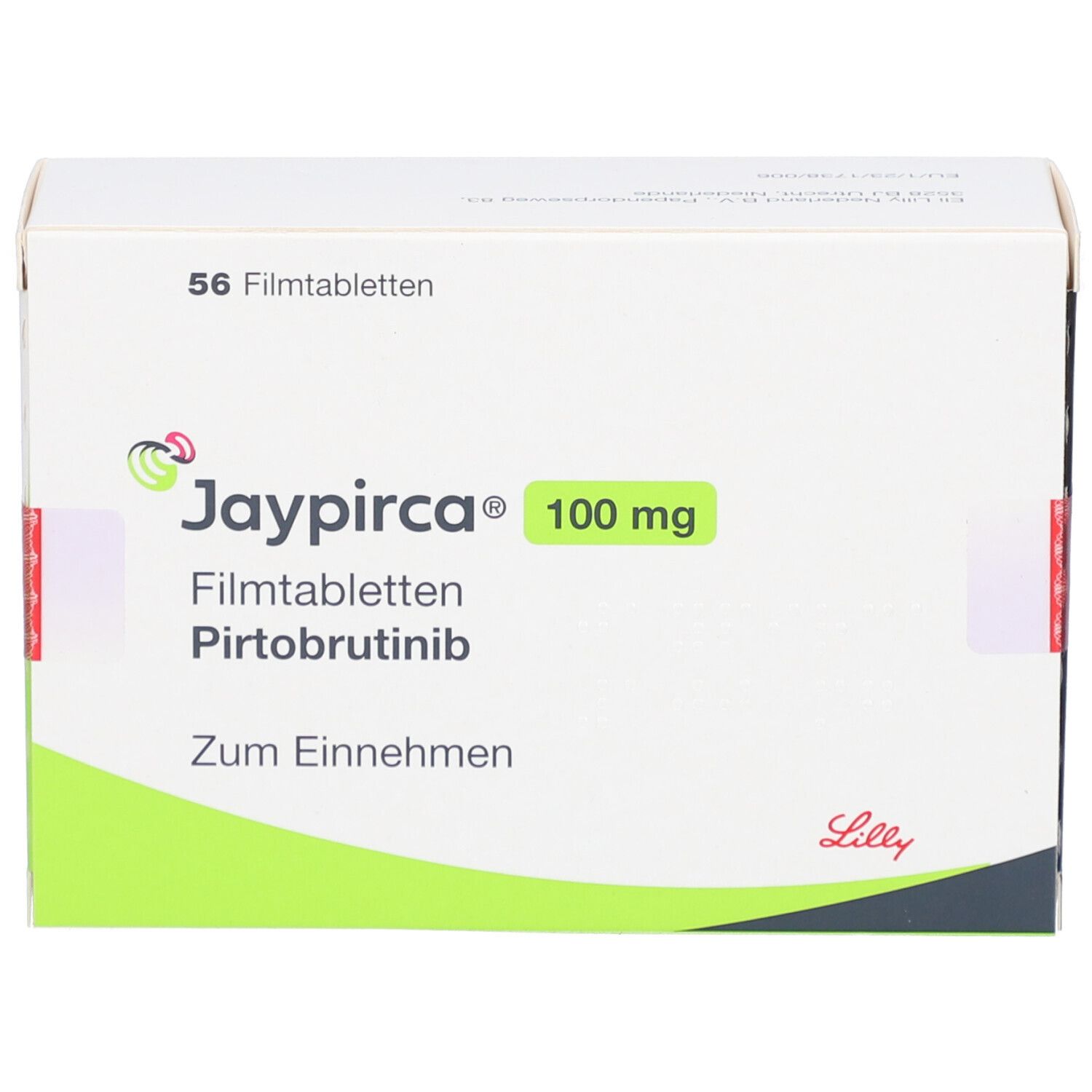 Schachtel JAYPIRCA 100 mg Filmtabletten. Vorderansicht. Produktname, Dosierung und Anzahl der Tabletten deutlich sichtbar.