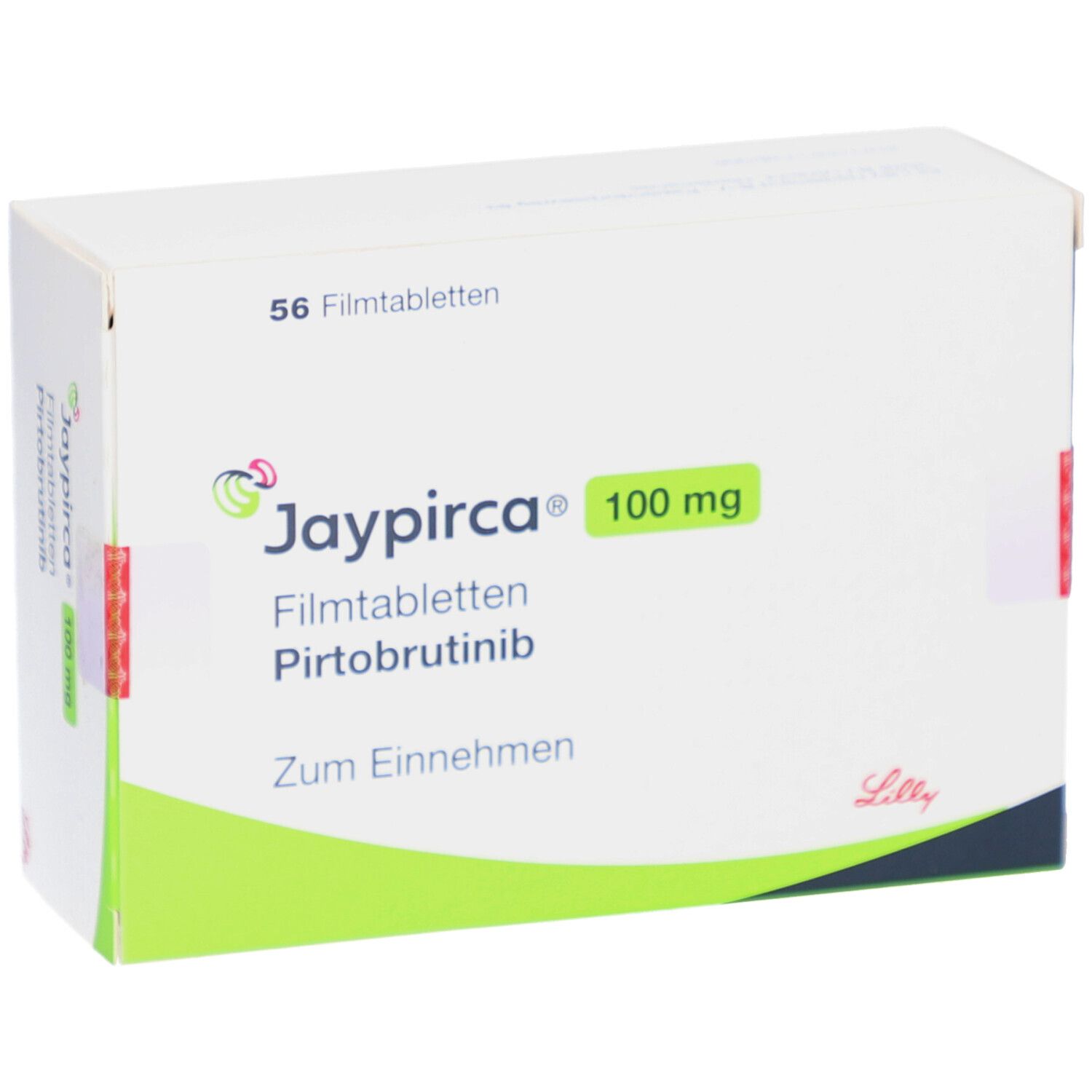 Schachtel JAYPIRCA 100 mg Filmtabletten. Vorderansicht. Produktname, Dosierung und Anzahl der Tabletten deutlich sichtbar.