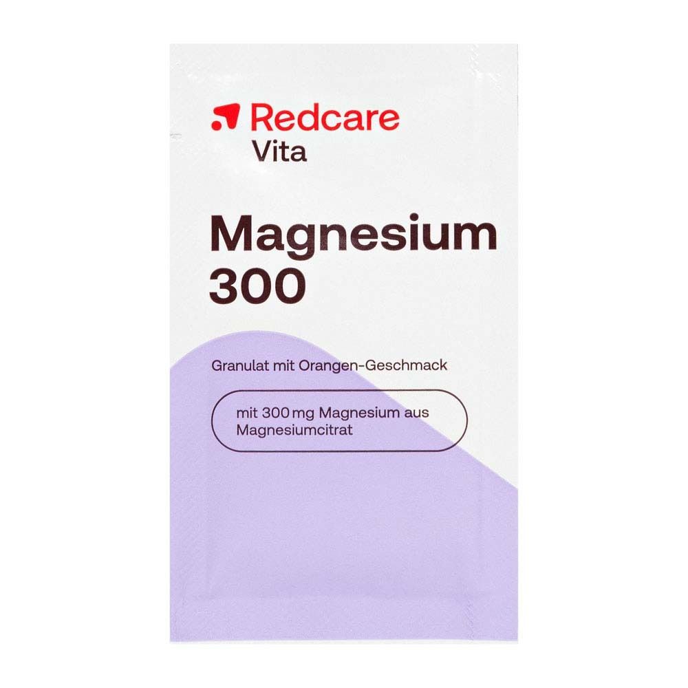 Einzelpackung Redcare Magnesium 300. Weiß mit lila Akzent. Text: Magnesium 300, Granulat mit Orangengeschmack.
