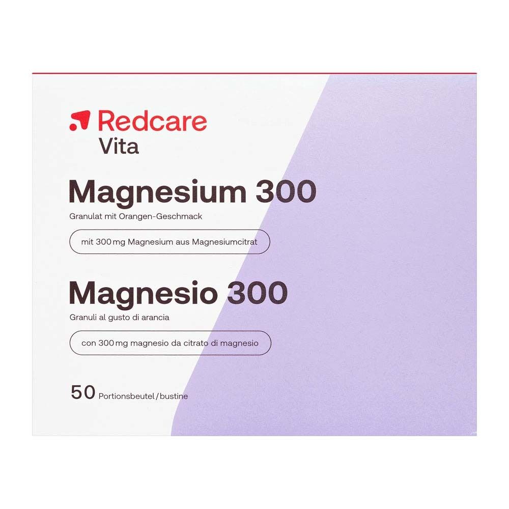 Schachtel Redcare Magnesium 300. Weiß mit lila Akzent. Text: Magnesium 300, Magnesio 300, 50 Portionen.
