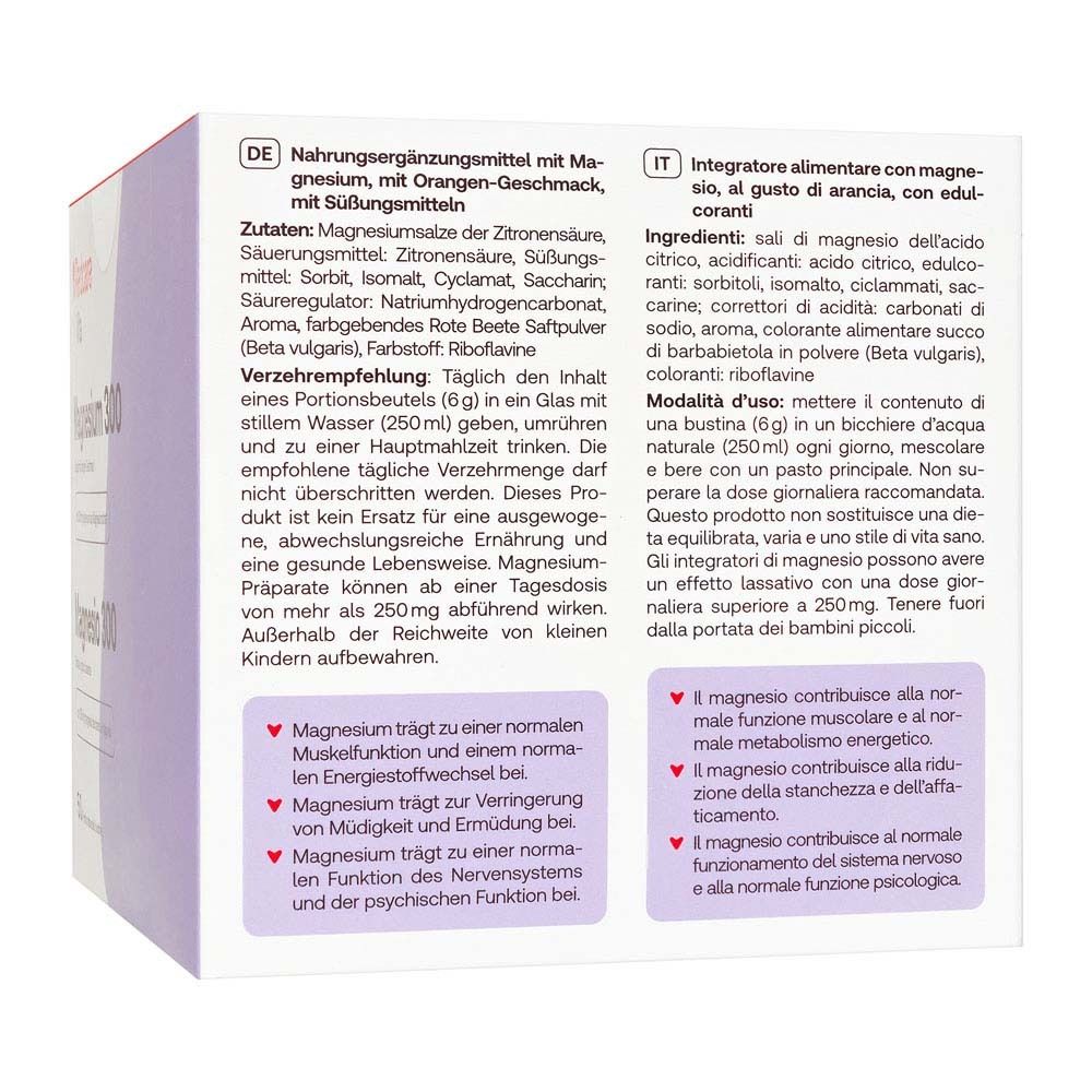 Rückseite der Schachtel Redcare Magnesium 300. Text in Deutsch und Italienisch. Inhaltsstoffe, Anwendungshinweise.
