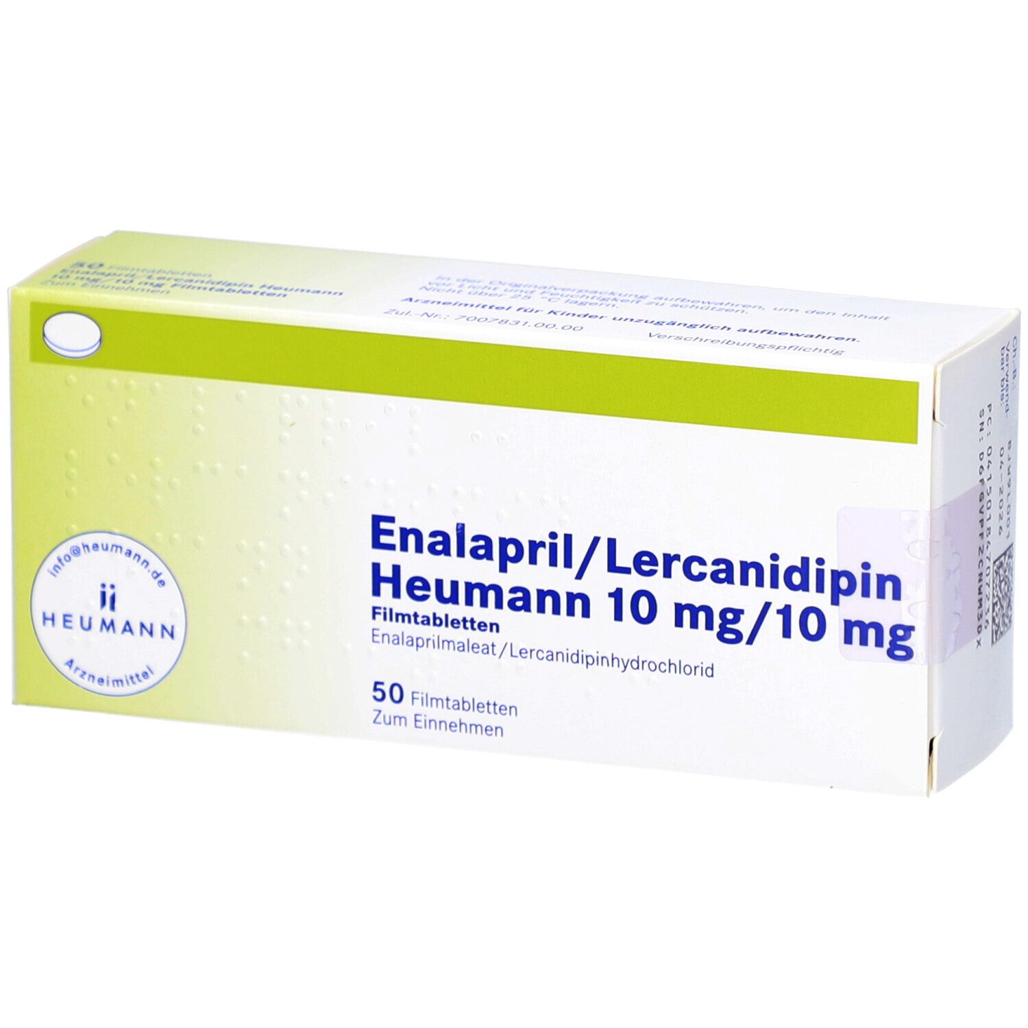 Schachtel mit Medikamenten. Aufschrift: Enalapril/Lercanidipin Heumann 10 mg/10 mg. 50 Filmtabletten.