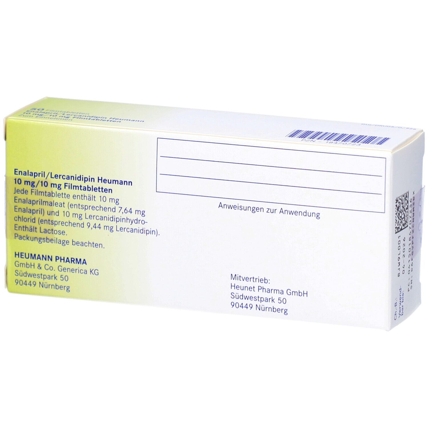 Rückseite der Medikamentenschachtel. Enthält Informationen zu Inhaltsstoffen und Hersteller.