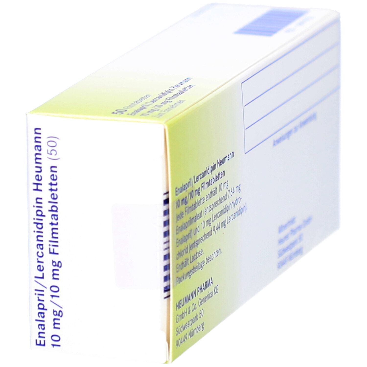 Seitenansicht der Medikamentenschachtel. Aufschrift: Enalapril/Lercanidipin Heumann 10 mg/10 mg. 50 Filmtabletten.