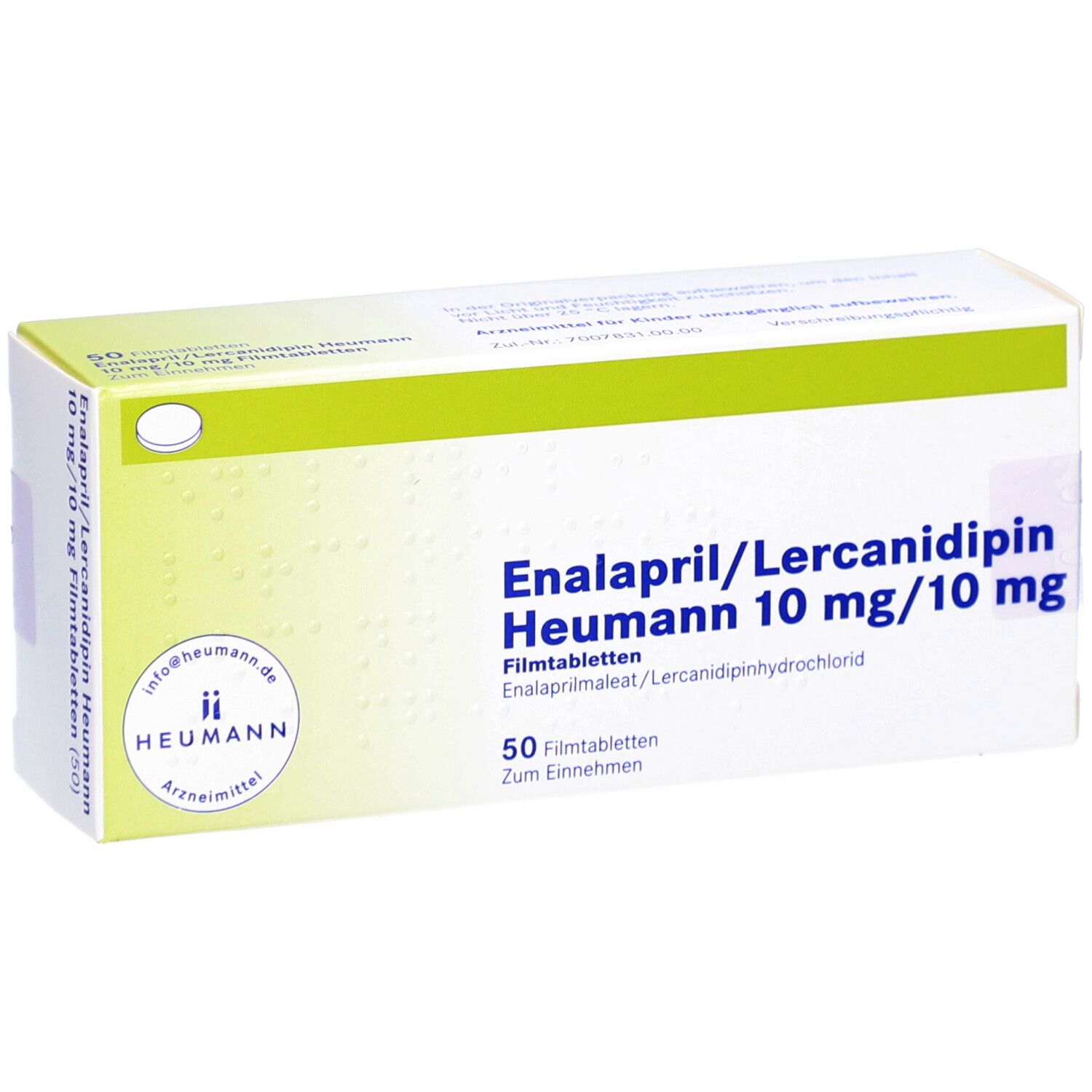 Medikamentenschachtel mit Aufschrift: Enalapril/Lercanidipin Heumann 10 mg/10 mg. 50 Filmtabletten.