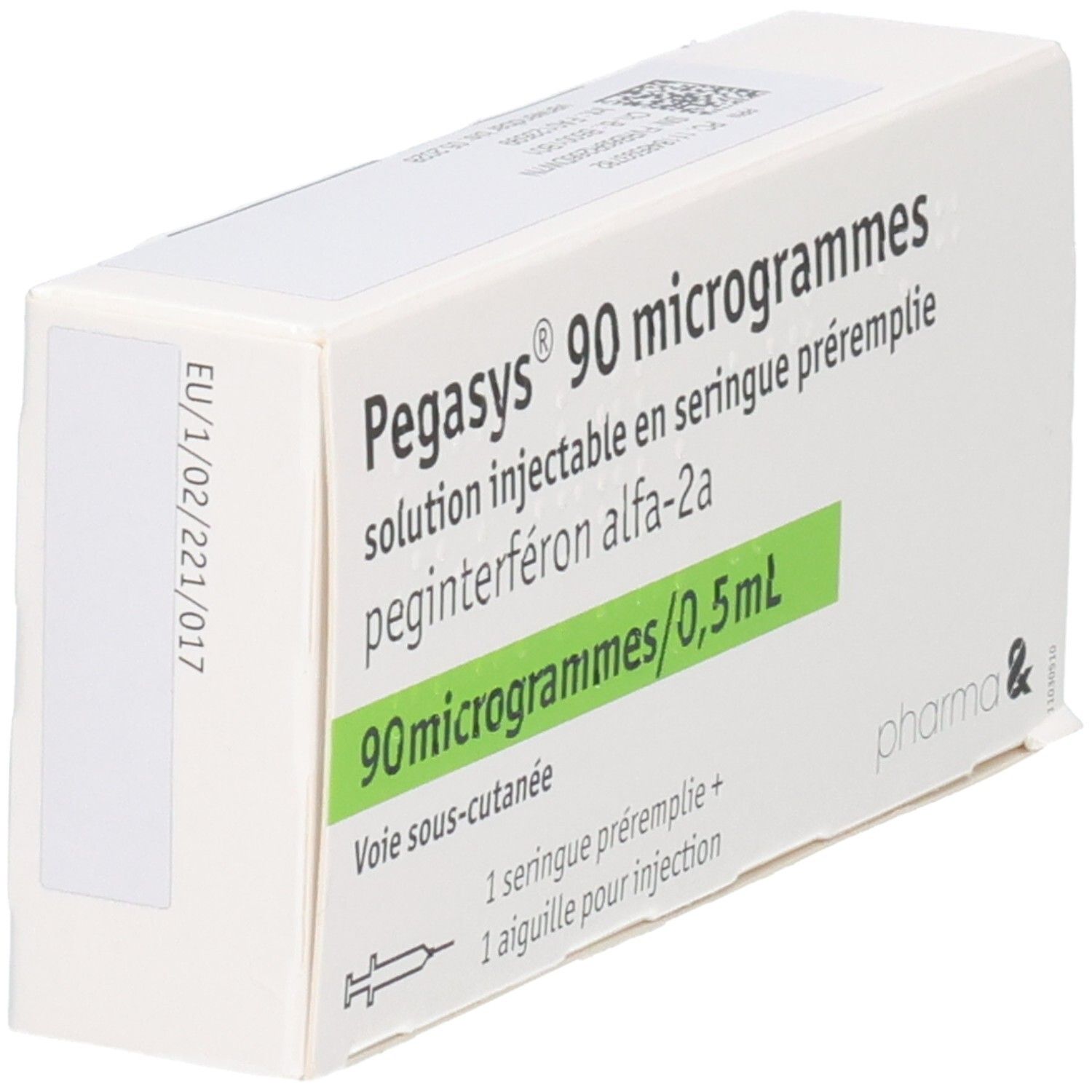 Weiße Faltschachtel mit grünen Akzenten. Beschriftung: Pegasys 90 microgrammes, Injektionslösung, 90 microgrammes/0,5 ml. Enthält eine Fertigspritze.