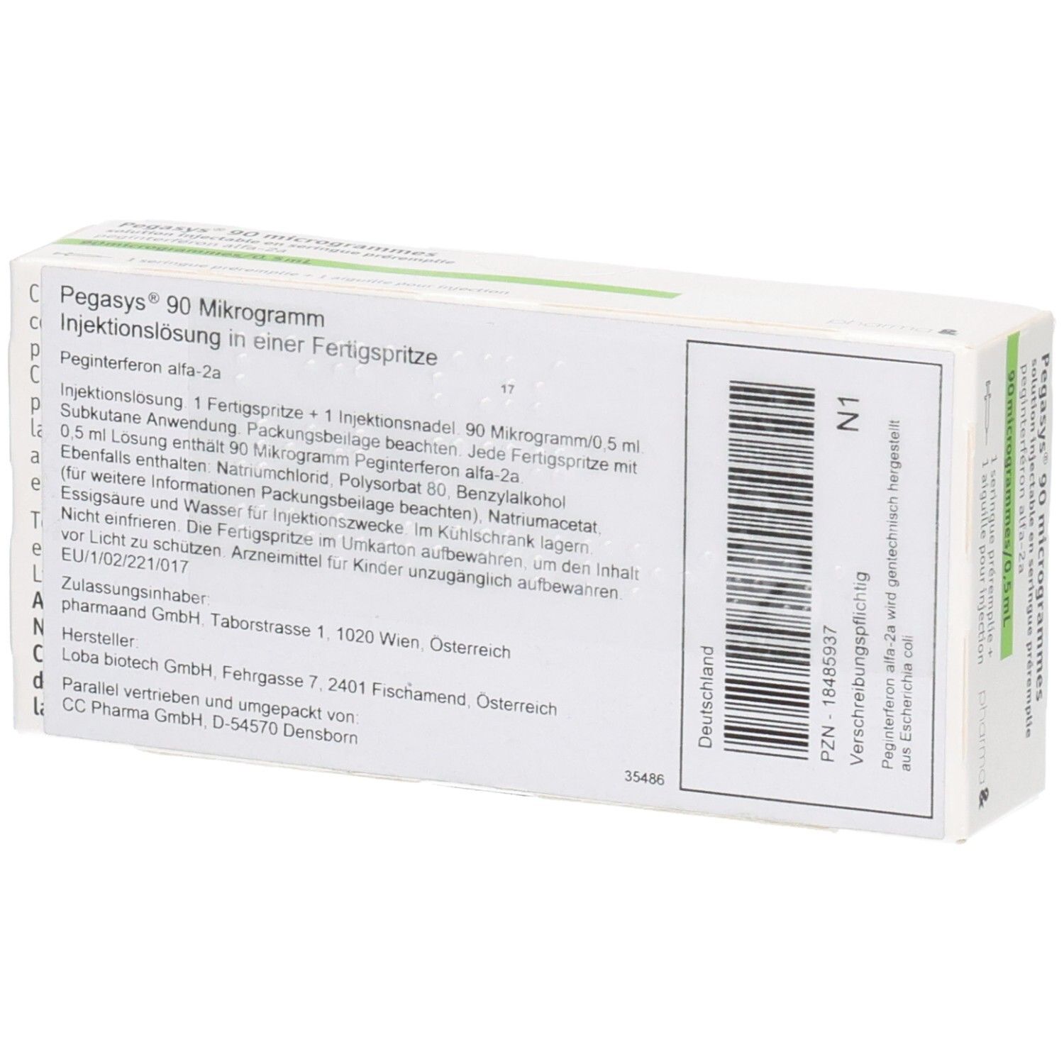 Rückseite der Packung Pegasys 90 Mikrogramm Injektionslösung in Fertigspritze mit Herstellerangaben.