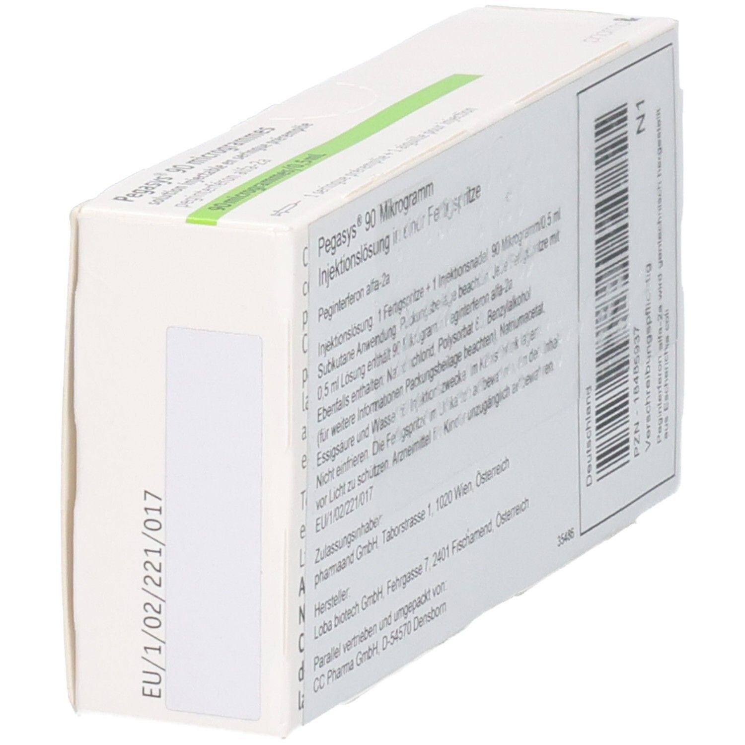 Weiße Faltschachtel mit Text. Beschriftung: Pegasys 90 microgrammes, Injektionslösung. Enthält eine Fertigspritze. Aufgedruckte Informationen und Barcode.