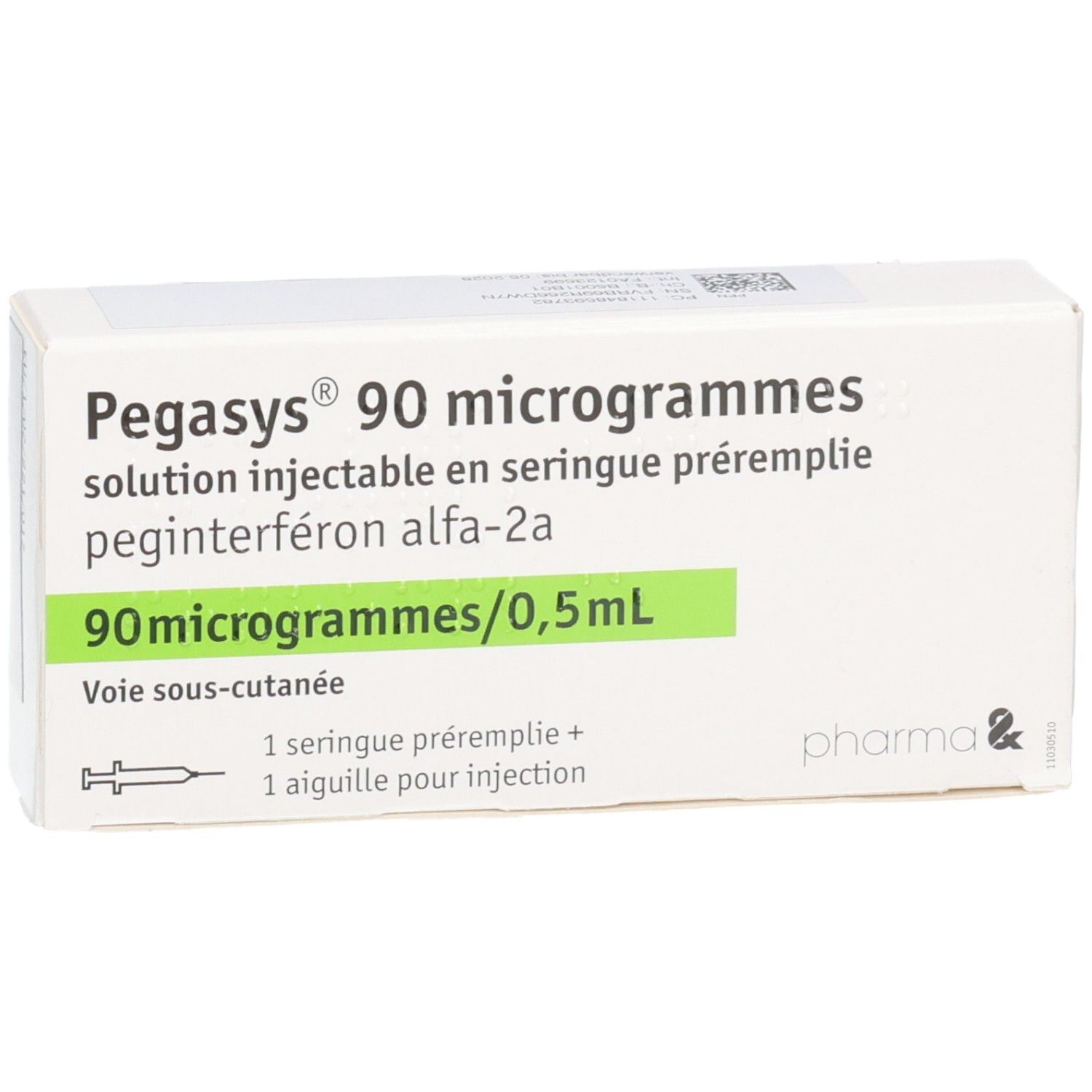 Packung Pegasys 90 Mikrogramm Injektionslösung in Fertigspritze, 90 Mikrogramm/0,5ml, mit Spritzensymbol.