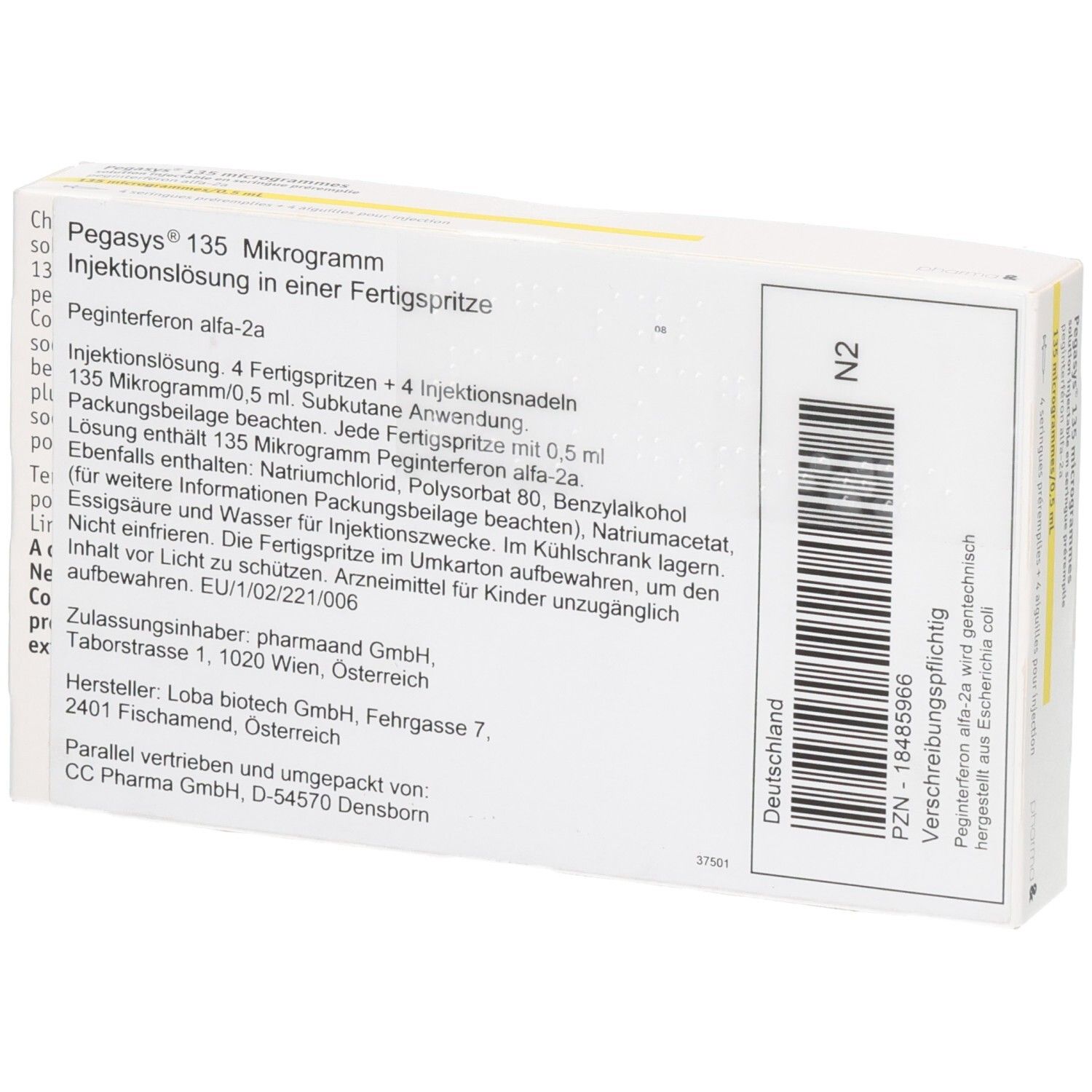 Verpackung von Pegasys 135 Mikrogramm Injektionslösung mit Novartis-Logo.
