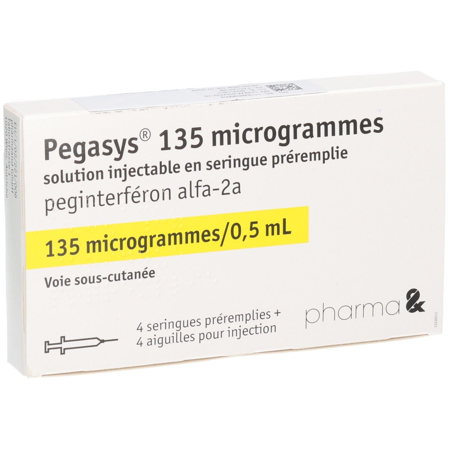 Verpackung von Pegasys 135 Mikrogramm Injektionslösung mit 4 Spritzen und Nadeln.