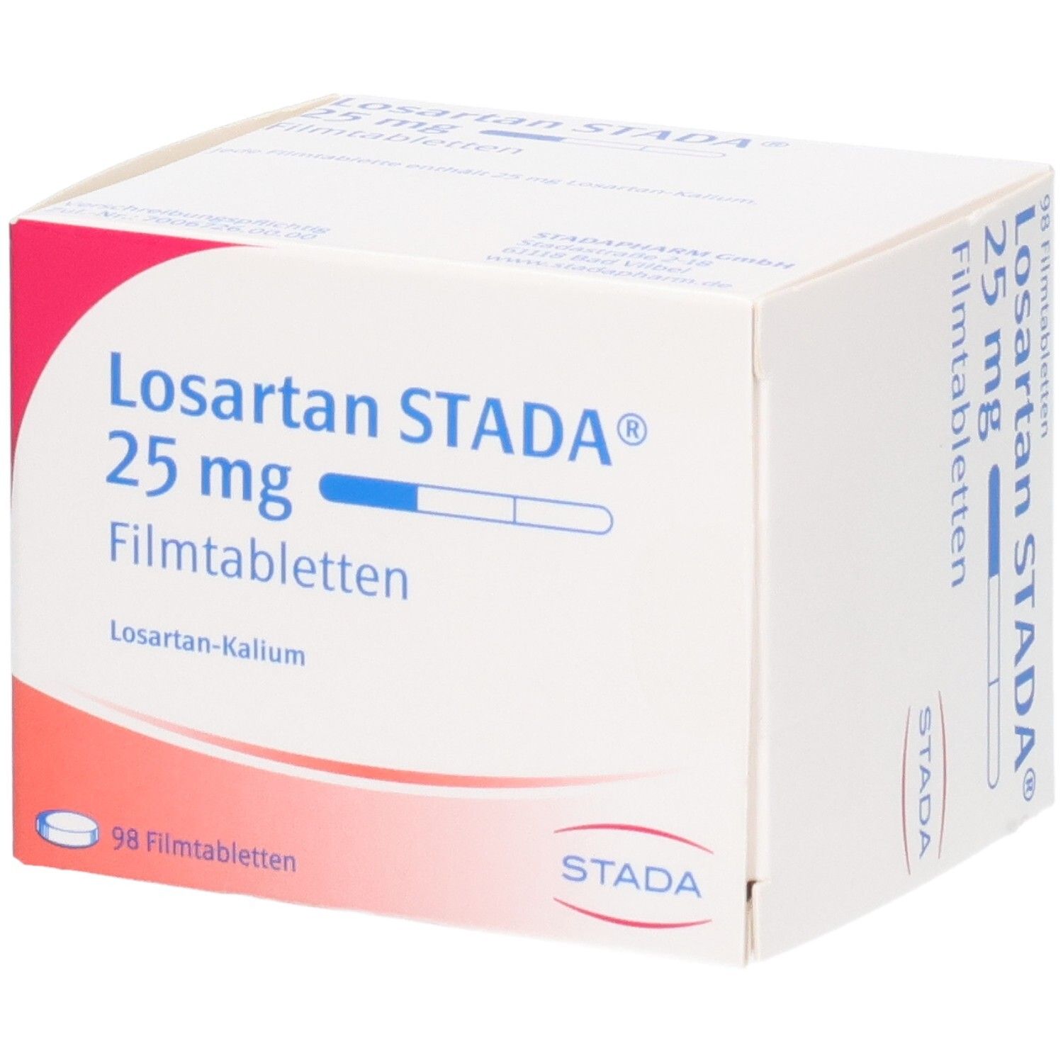 Verpackung von Losartan STADA 25 mg Filmtabletten, 98 Tabletten.