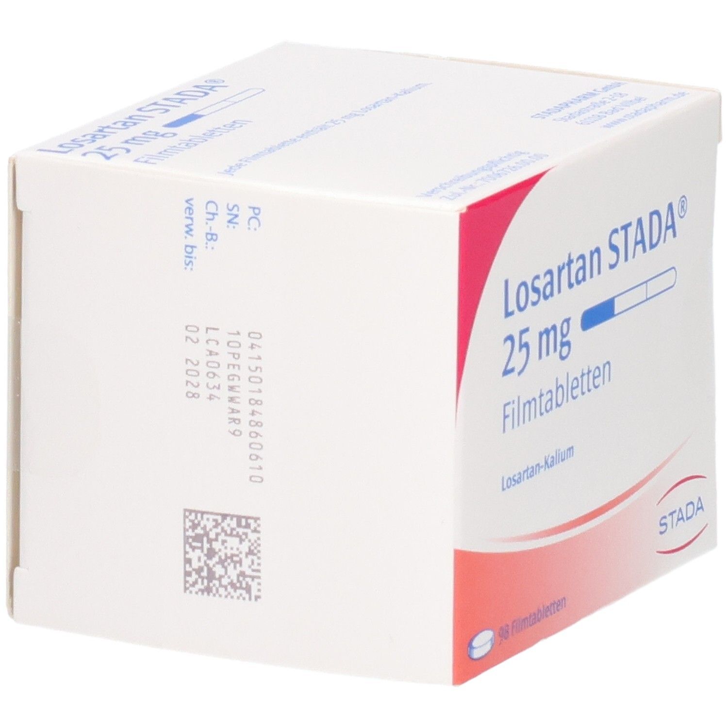 Rückseite der Verpackung von Losartan STADA 25 mg Filmtabletten mit Chargennummer und Verfallsdatum.